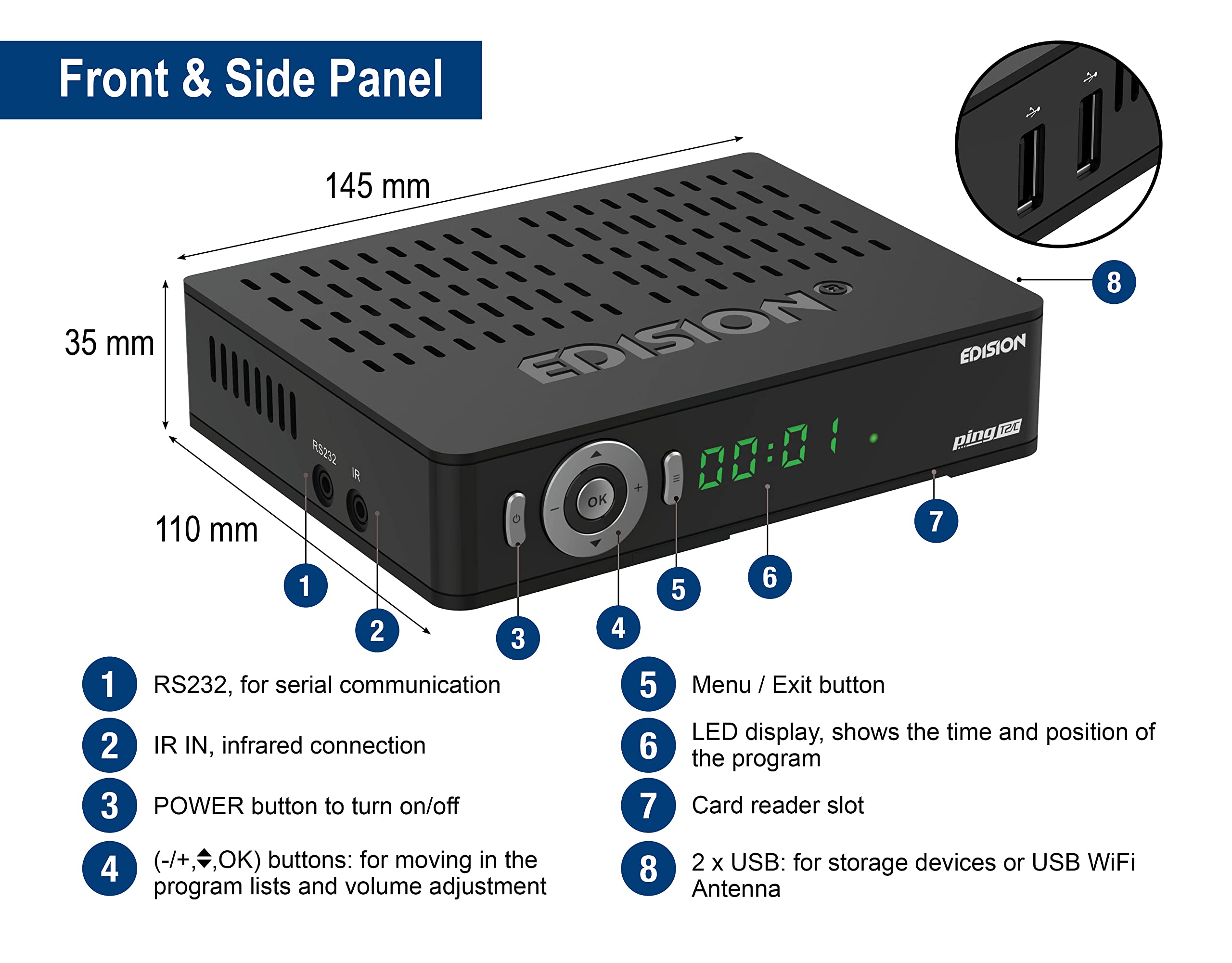 Edision Ping T2/C Receptor Terrestre TDT & por Cable DVB-T2/C H.265 HEVC Full HD PVR, 2xUSB, HDMI, SCART,LAN, S/PDIF, Sensor IR, RS232, Soporte USB WiFi, Mando a Distancia Universal 2en1, Negro