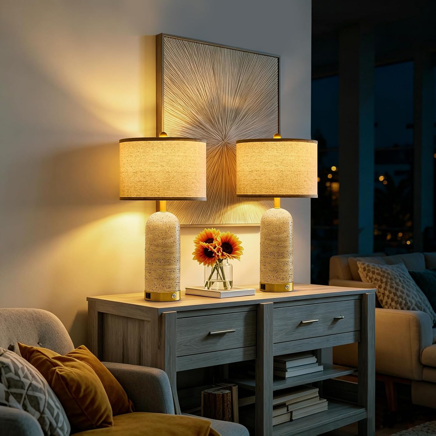 RORIA 25" Set of 2 Touch Table Lamps for Bedroom, Resin Stone Travertine and USB A+C Ports 3-Way Dimmable Vintage Rustic Lamps for Living Room, Study Room, Entryway, 2 LED Bulbs Included