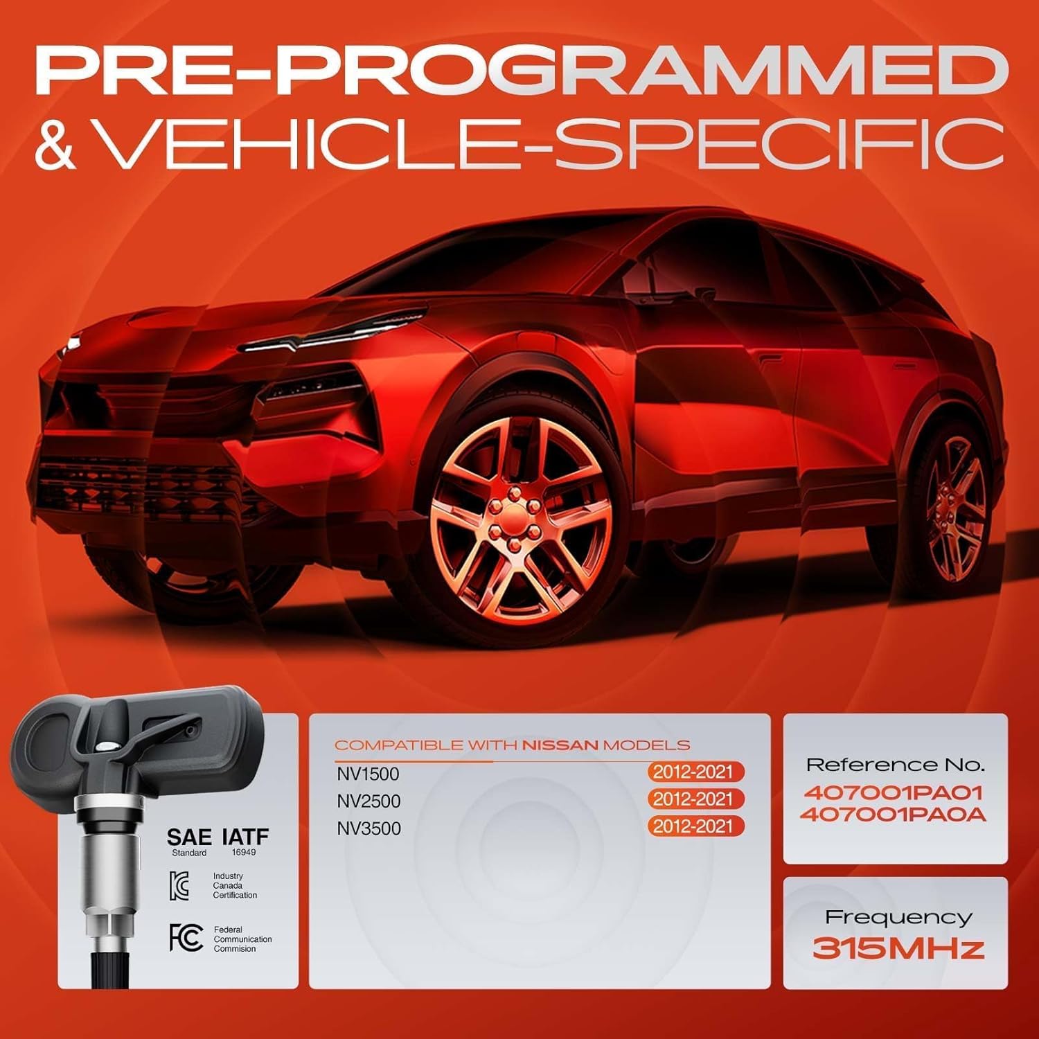 A-Premium 4PCS Pre-Programmed TPMS Sensor Tire Pressure Monitoring Sensor - Compatible with Nissan NV1500 2012-2021, NV2500 2012-2021, NV3500 2012-2021 - 315MHz - Replace 407001PA01