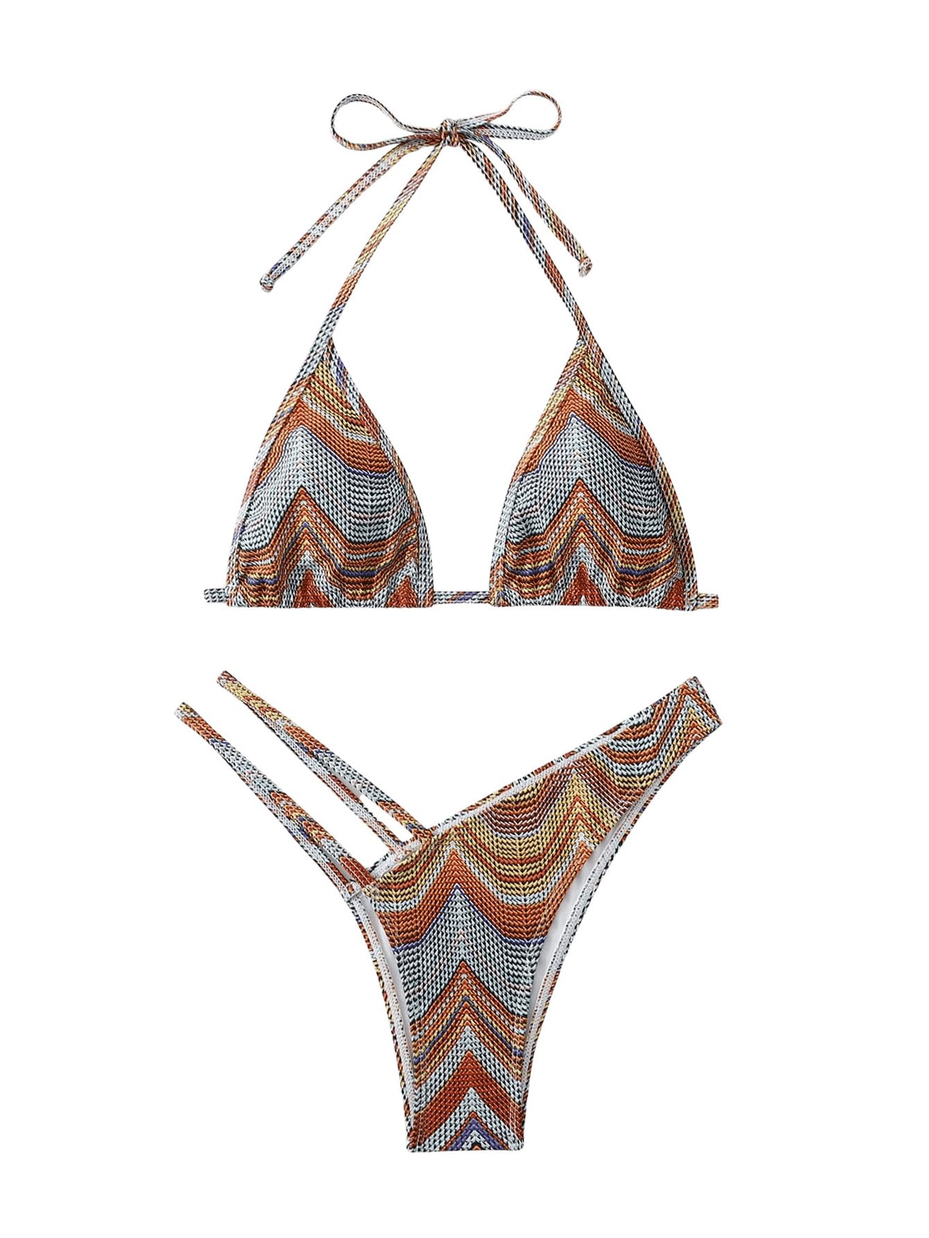 SHENHEWomen's 2 Piece Striped Triangle Bikini Sets High Cut Halter Swimsuit Bathing Suit