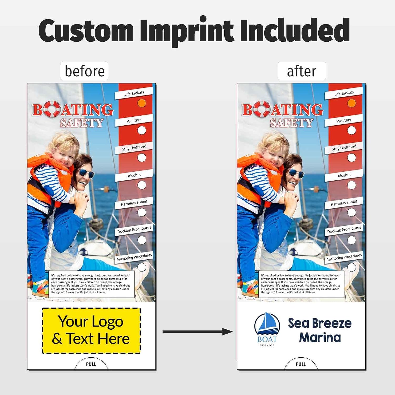 ZOCO – Boating Safety Slide Charts – Pack of 250 – Custom Logo & Text – Water Safety Handout for Marinas, Camps & Cruise Lines – 3.75 x 8.5 Inches