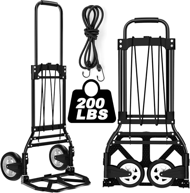 Folding Hand Truck and Dolly, 200 LB Capacity Upgraded Aluminum Cart, Extended Handle Portable for Travel, Moving, Shopping, Office Use, Black