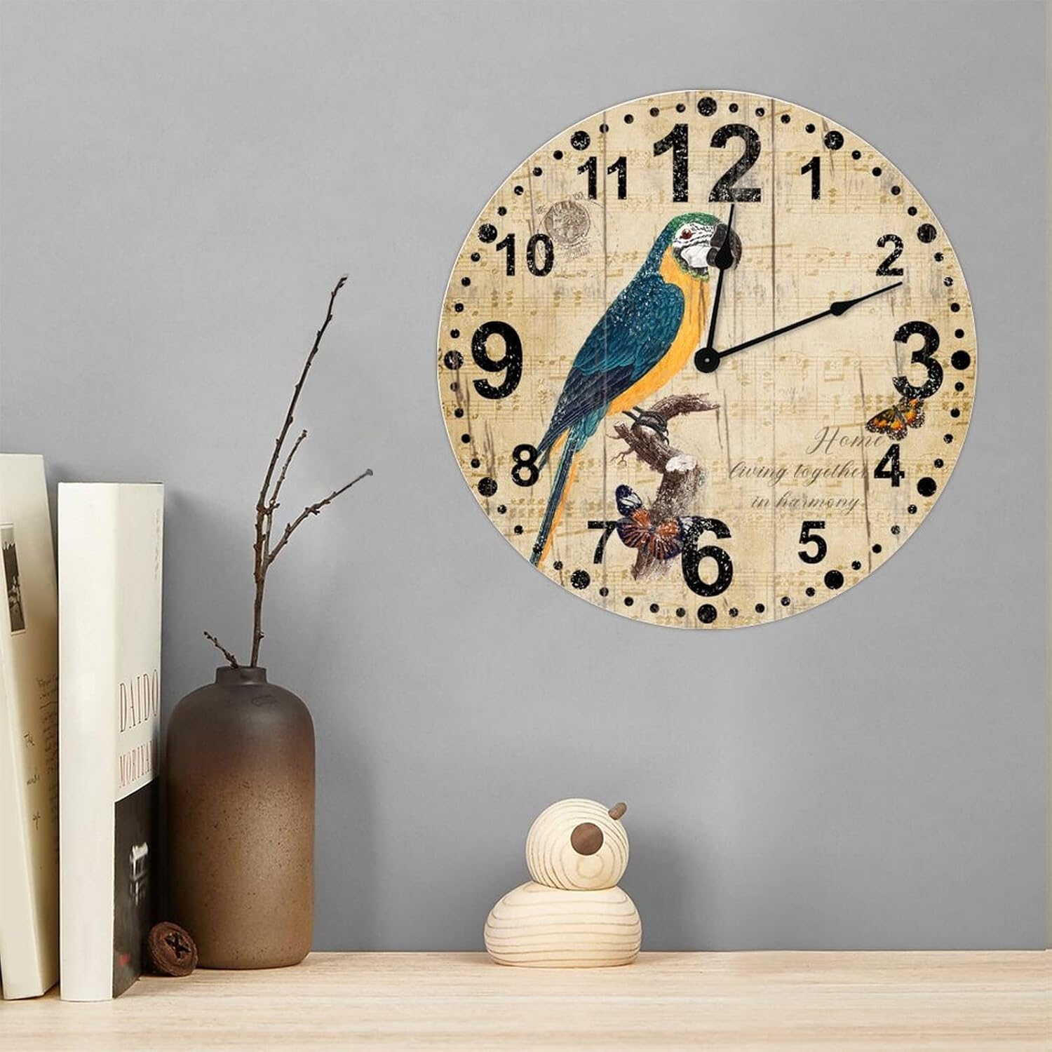 Vintage Bird Wall Clock Rustic 15 Inch Silent Battery Operated Round Decoration Quiet Classic Quartz Arabic Numerals Wall Art Clocks for Bedroom Farmhouse Kitchen Nursery Room
