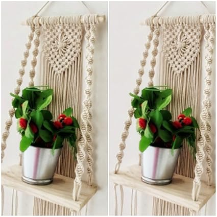 DXYZ Macrame Handmade Wooden Wall Shelf | Bohemian Wall Shelf for Living Room, Bed Room (Set of 2 - Twisted)