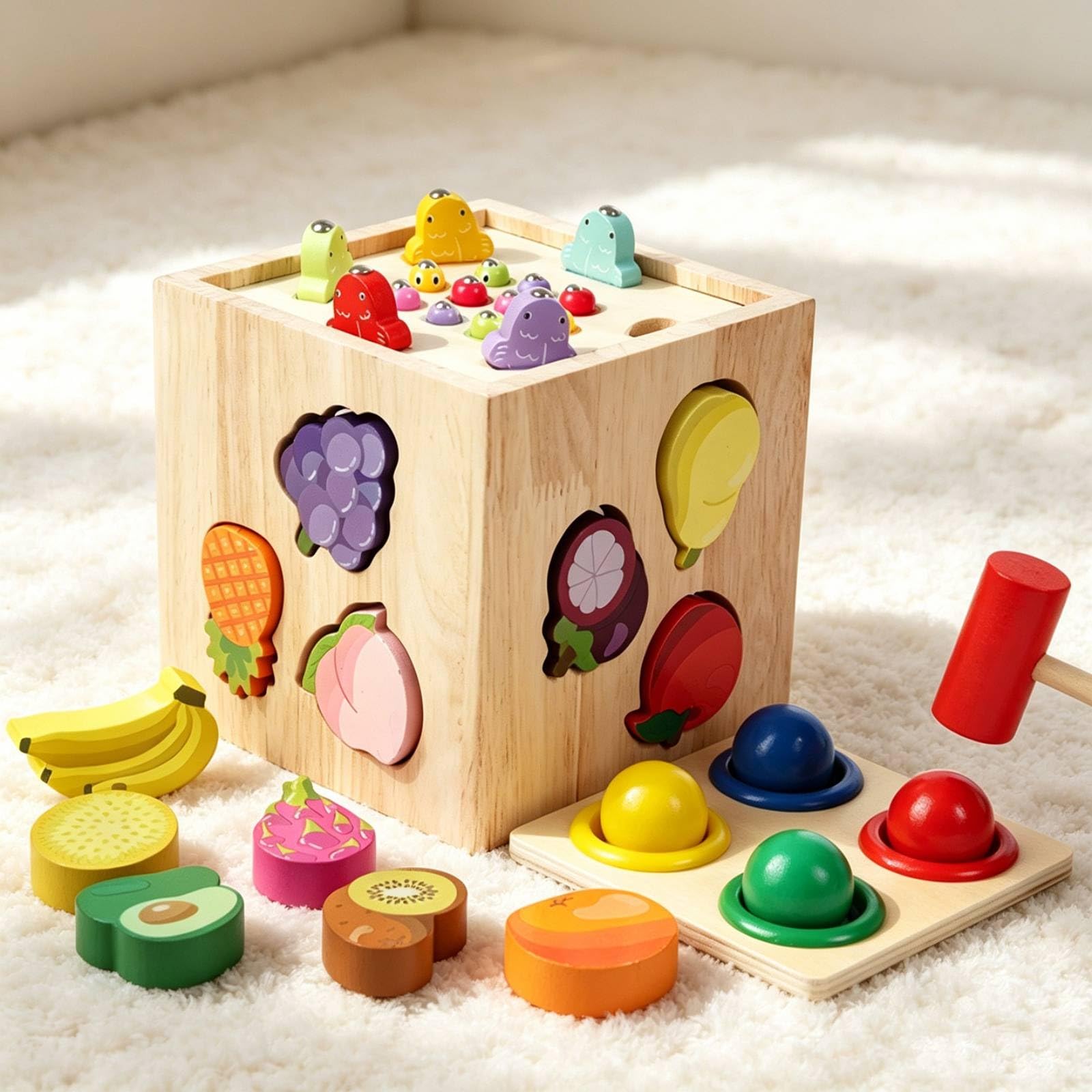 Blocchi Educativi Bambini Cubo attività Legno Cubo Sensoriale Multifunzionale Selezionatore Forme Frutta Martello in Legno Canna Pesca Pioli Superiori