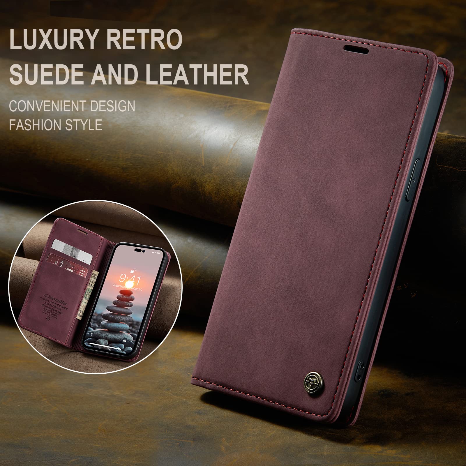 SINIANL iPhone 14 Pro Max Wallet Case, PU Leather Book Folding Flip Folio Case with Card Holders Kickstand Magnetic Closure Protective Cover for iPhone 14 Pro Max 2022 6.7 inch - Wine Red