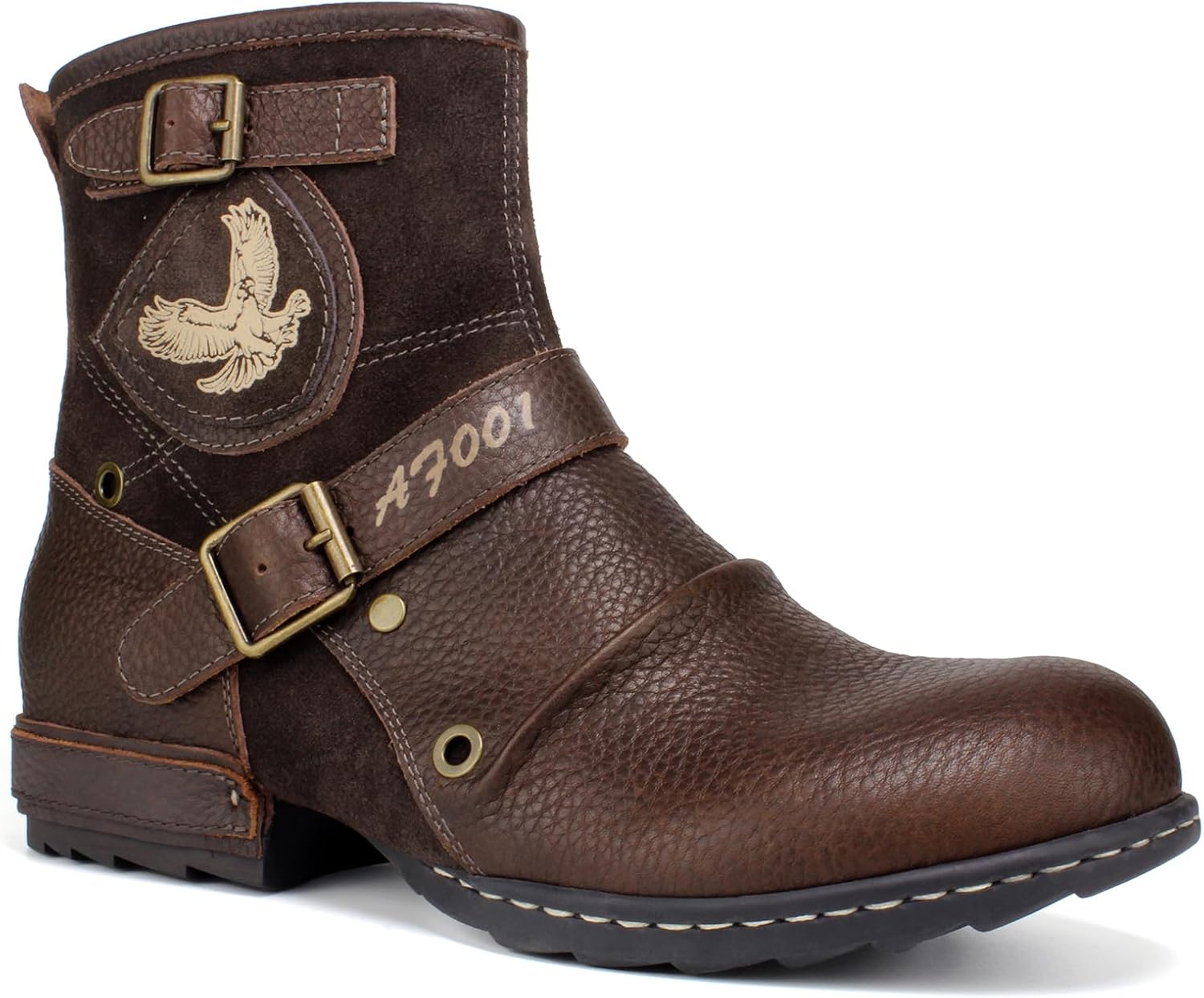 Motorcycle Boots Men Waterproof Leather -Retro Moto Biker Boots with Zip Up & Harness, Riding Combat Boots for Men Casual & Daily Wear