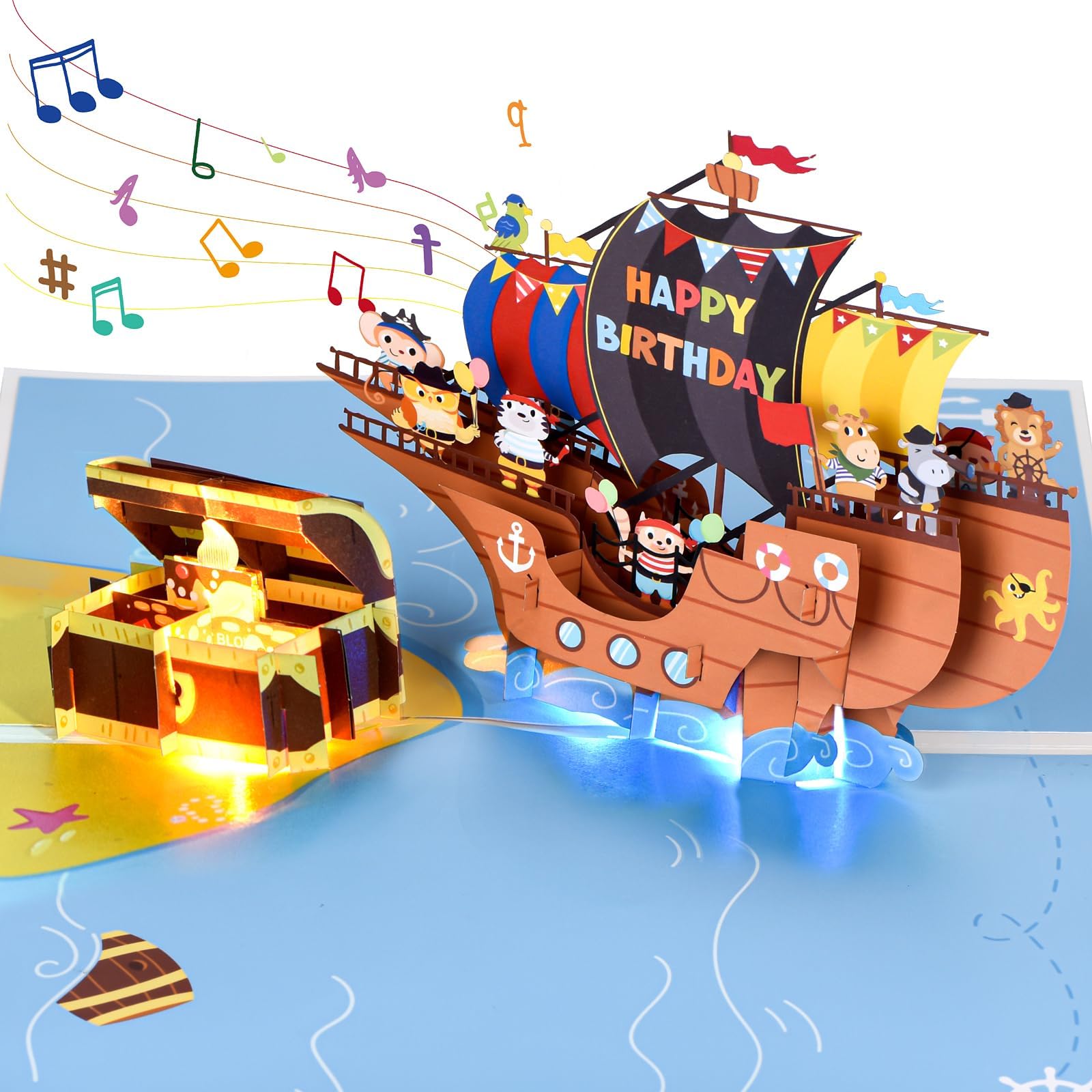 Birthday Cards for Boys, Pop Up Birthday Card with Music & Lights, Blowable LED Candle Birthdays Cards for 2/3/4/5/6/7/8 Years Old Boys, Kids, Sons, Grandchildren - Ship Treasure Chest
