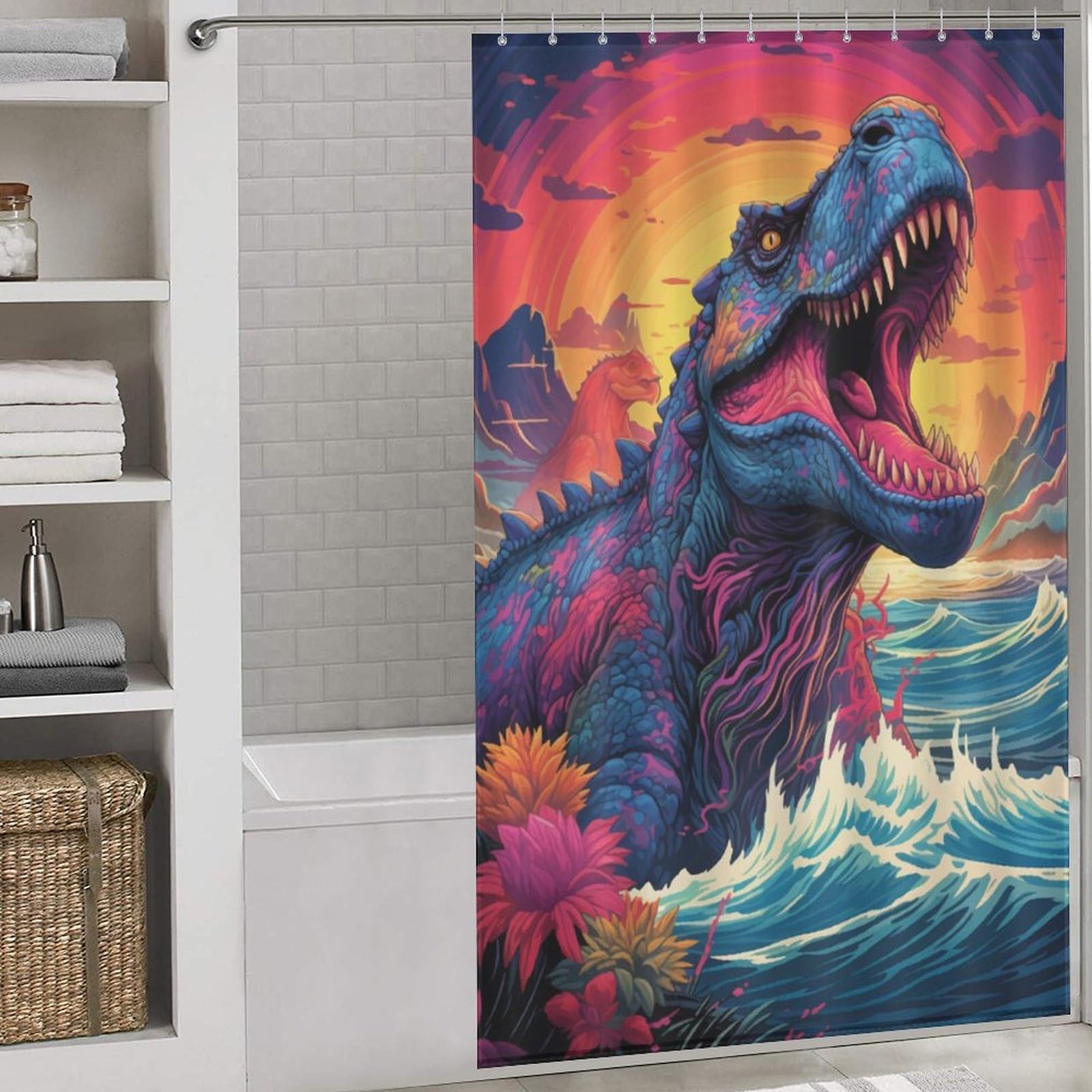 Rideau de douche dinosaure anti-moisissure en tissu imperméable pour baignoire