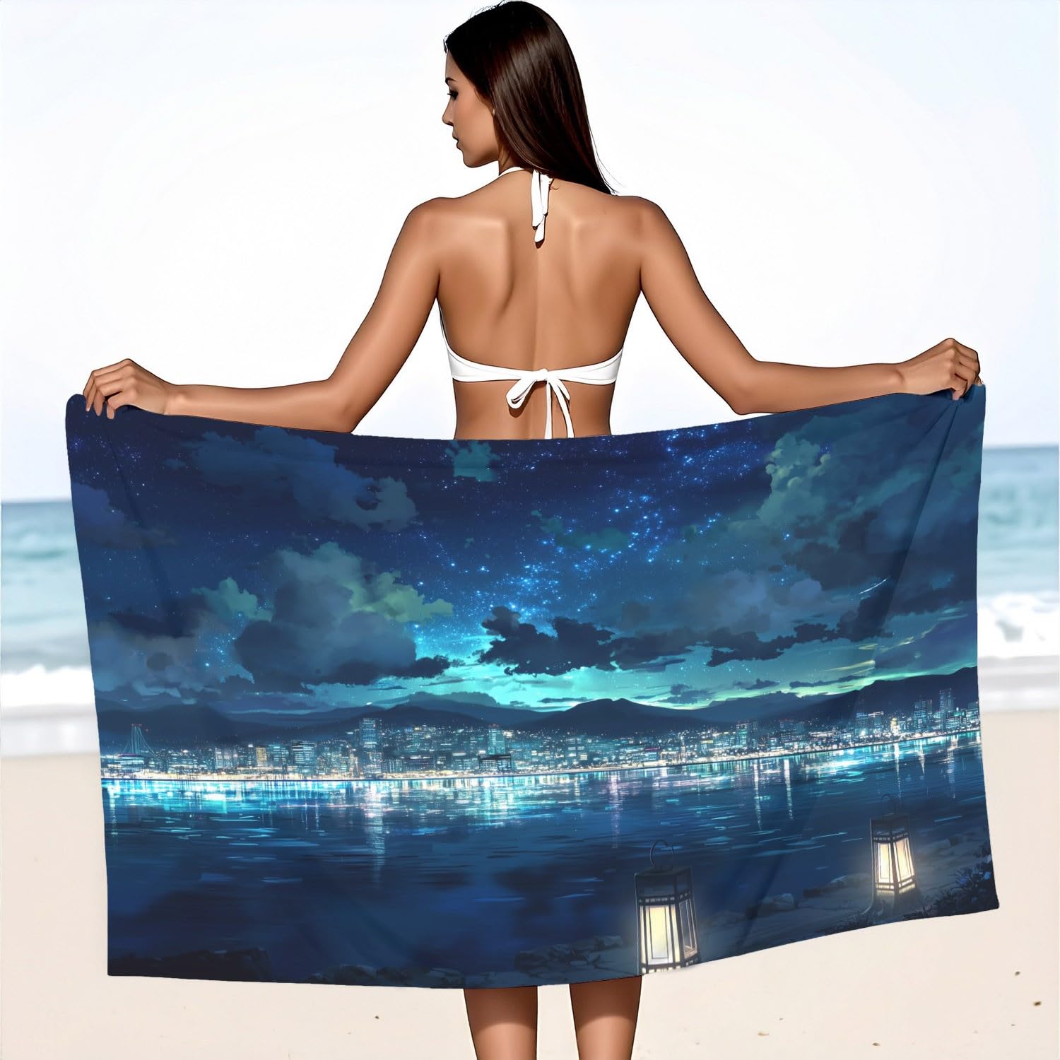 Sommer, Strand, Klar, Urlaub, Haustiere Strandtuch 200 x 145 cm – Saugfähiges Schnell trocknendes Strandtuch Welpe im gestreiften Badeanzug, Strand, Seesterne für Campen, Picknick, Ausflüge
