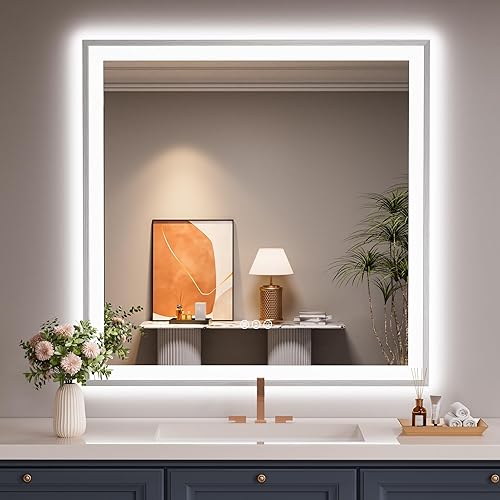 Miniatura 62 de Espejo de baño LED de 20x28 pulgadas con marco negro, espejos de baño retroiluminados y con luz frontal para pared, antiempañamiento, regulable, con