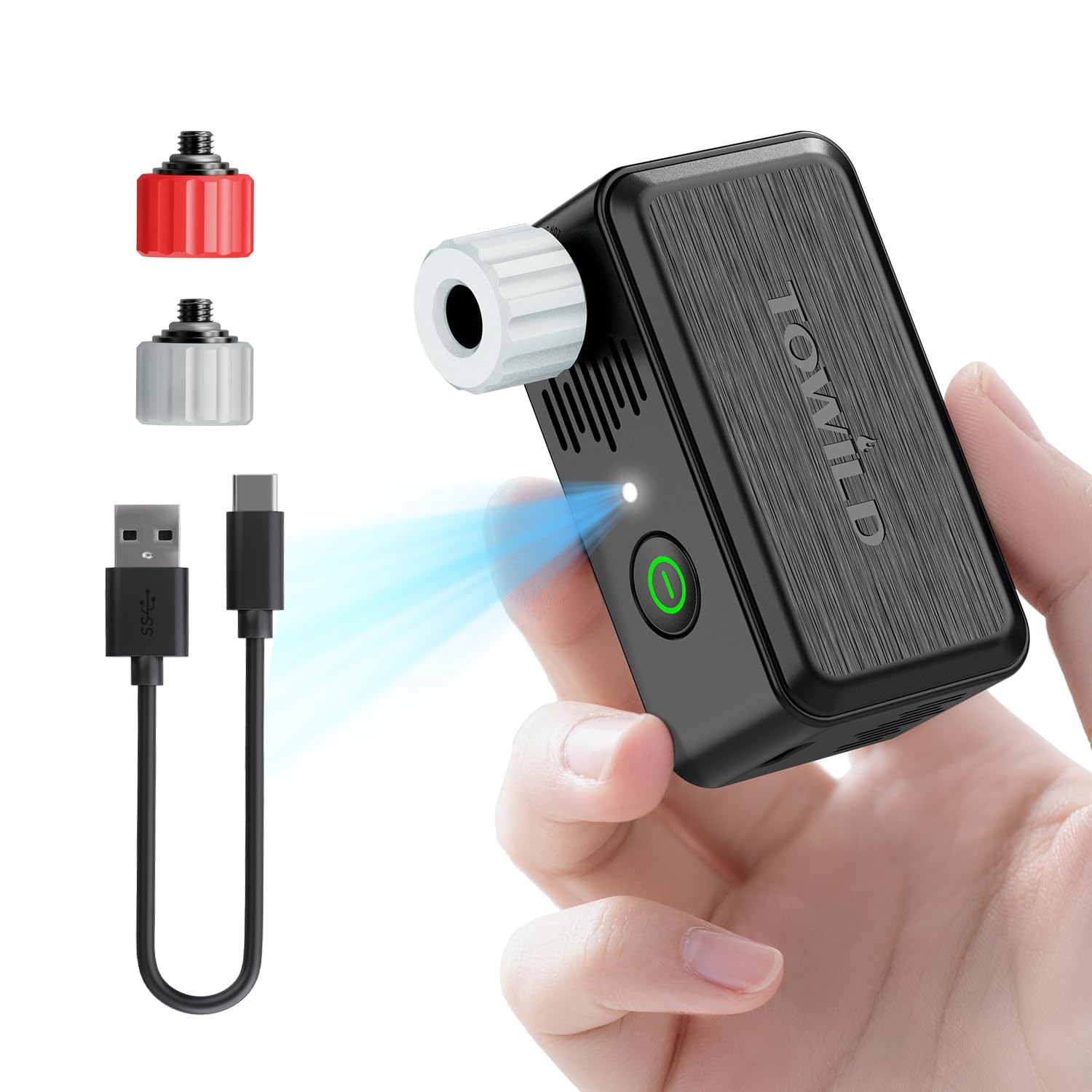TOWILD A05 Pompe À Vélo Électrique avec Lumière LED, Max 130 PSI Mini Compresseur d'air avec Valves Presta et Schrader Pompe Portable avec Batterie Intégrée 2×400 mAh, Rechargeable USB-C