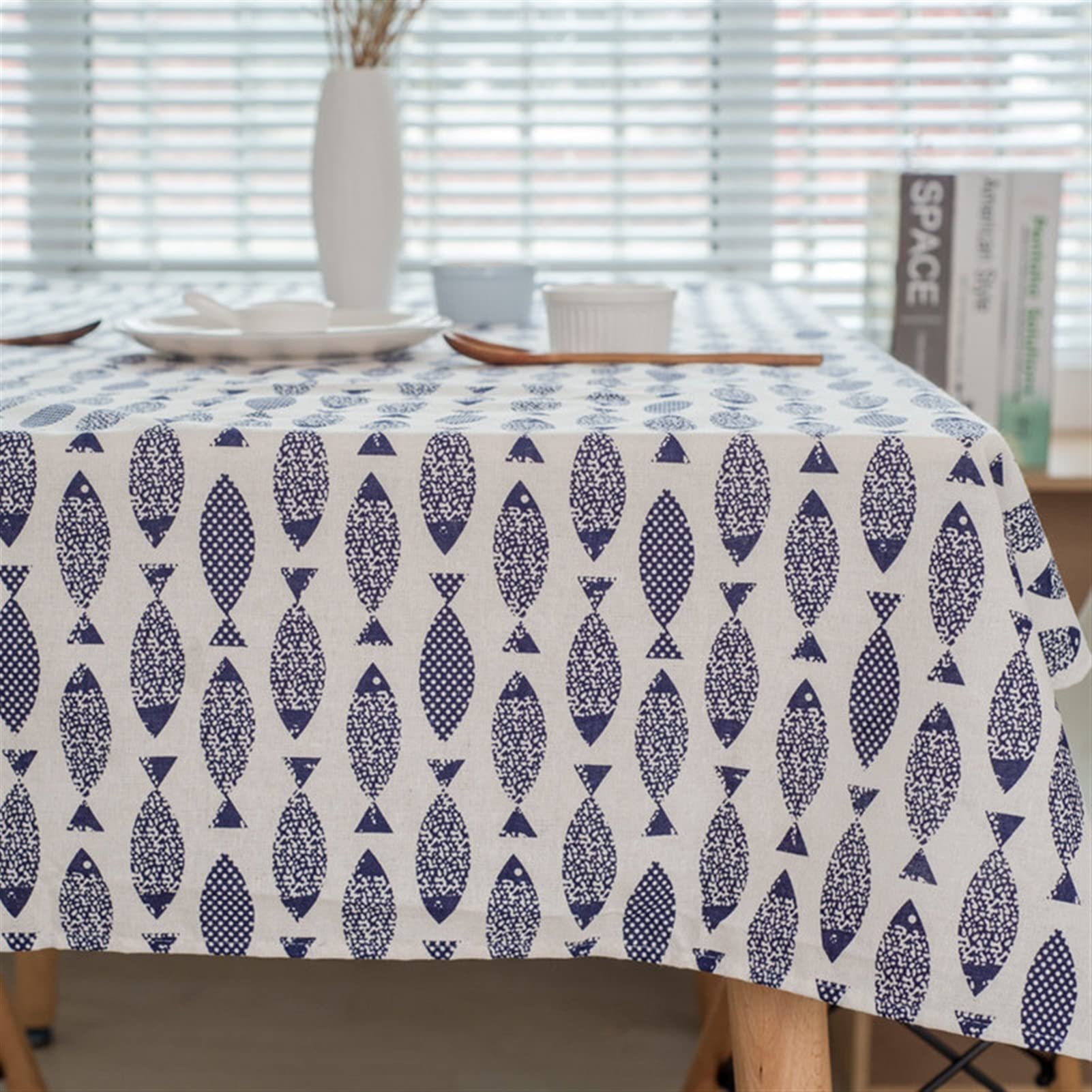 Nappe en coton lin poisson bleu 140 X 160cm cadeau idéal pour décoration de mariage