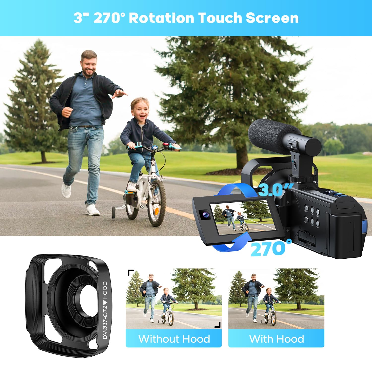 Videocámara 5K 56MP Cámara de Vídeo, Cámara para Vlog YouTube con Doble Lente, Pantalla Táctil 3" 270°, WiFi Visión Nocturna IR, Zoom 16X, Micrófono Externo, 2 Baterías, Tarjeta 64GB, Trípode