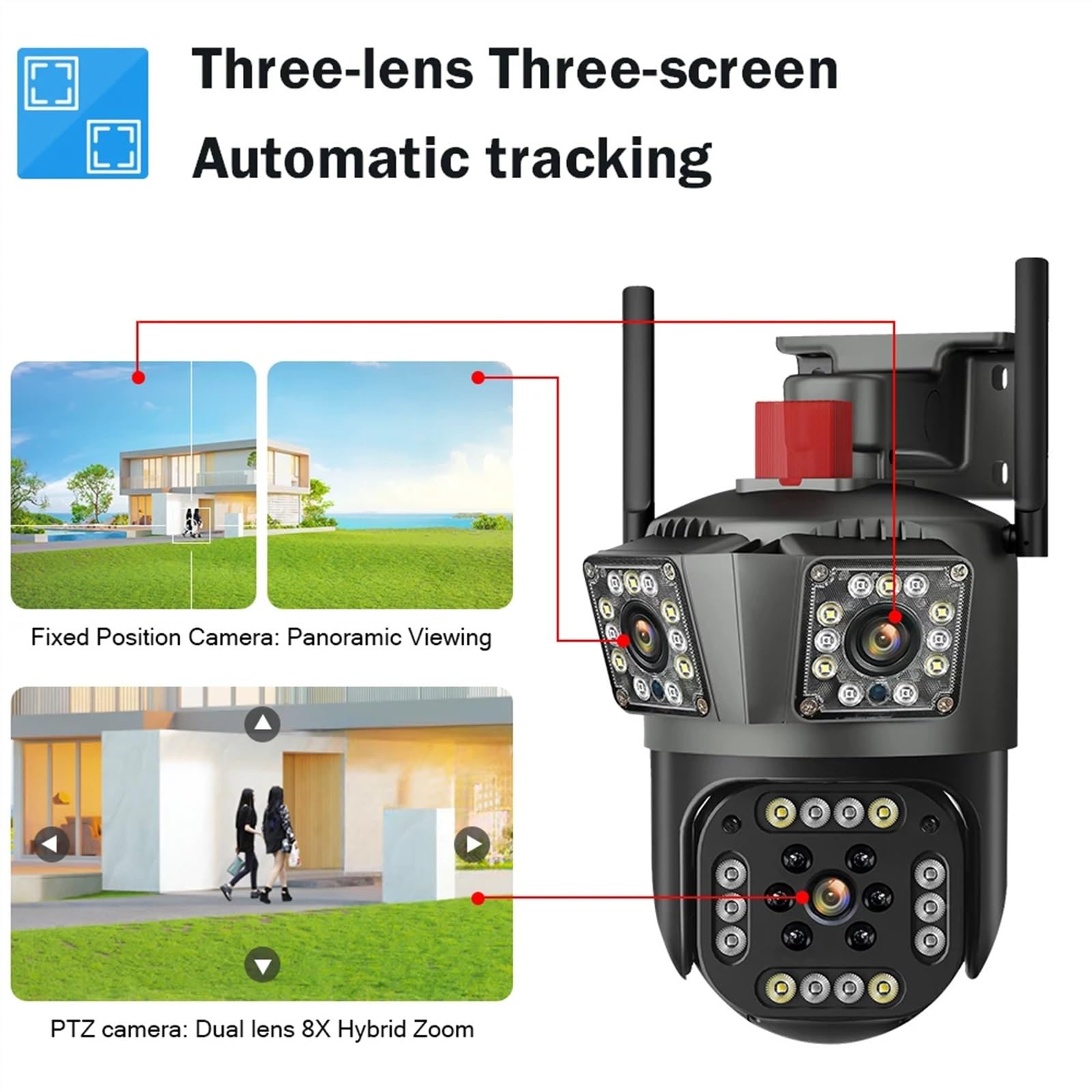 Kamery Monitoringu, 6K 12MP kamera PTZ IP trzy ekrany 8-krotny zoom ochrona bezpieczeństwa wykrywanie ruchu na zewnątrz CCTV IP Survalence(6K 12MP add 64G)