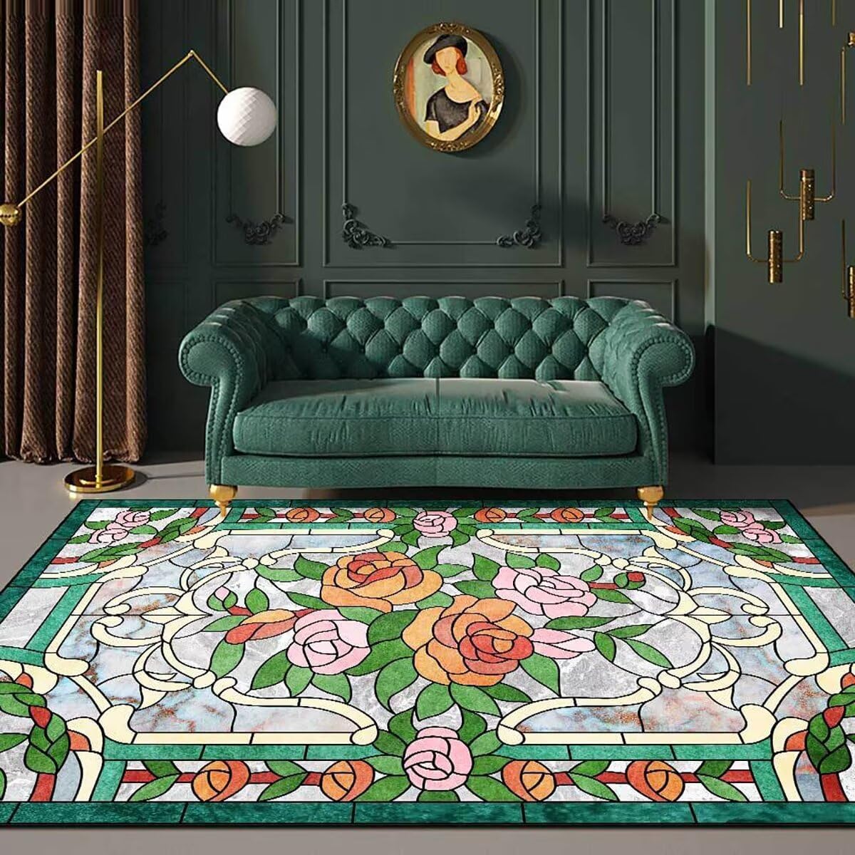 Qkjtyt Traditional Rose Floral Area Rug Marble Texture