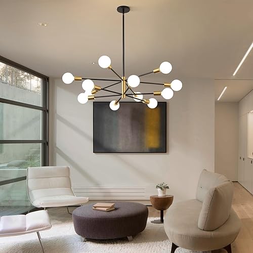 Miniatura 2 de KAISITE Candelabro moderno Sputnik de 12 luces, lámparas de araña negras y doradas, para comedor, sobre mesa, altura de mediados de siglo,