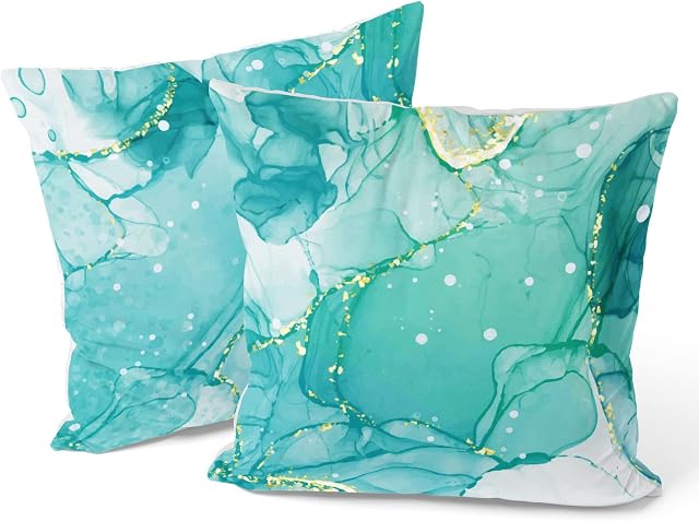 Berkin Arts Decorative Square Throw Pillow Covers Farmhouse Cushion Cases Designed of Marble Abstract, Polyester Blend. Pack of 2, 18x18 Inch. Teal Elegant Mint Gold Line Watercolor Washable for Sofa