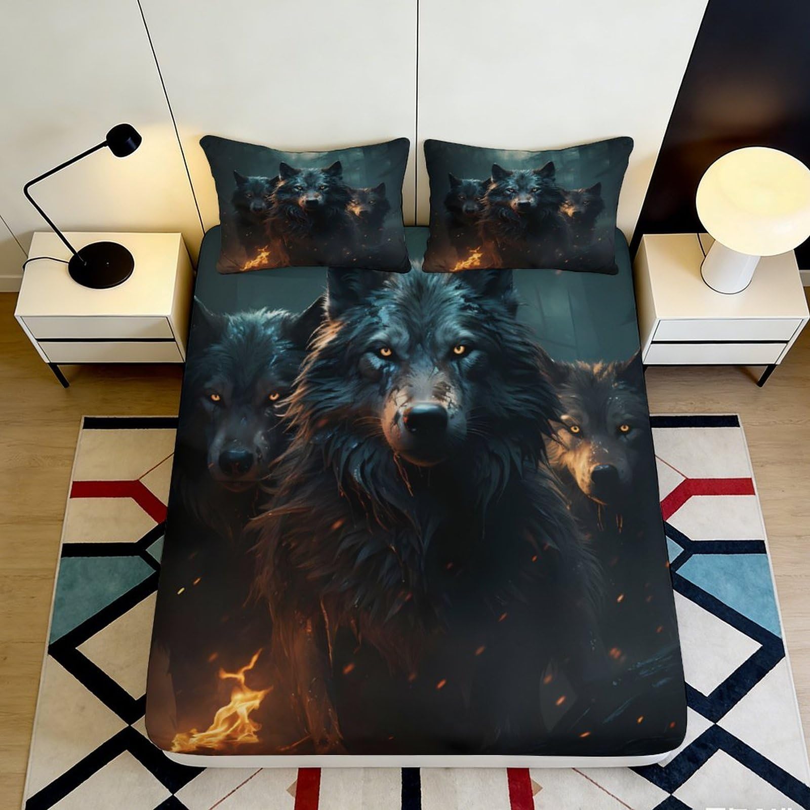 3D Printed Black Wolf Fitted Sheet Microfiber Soft Bed Cover with Fire Eyes for Bedroom Dorm Mattress Decor 90x200x25cm