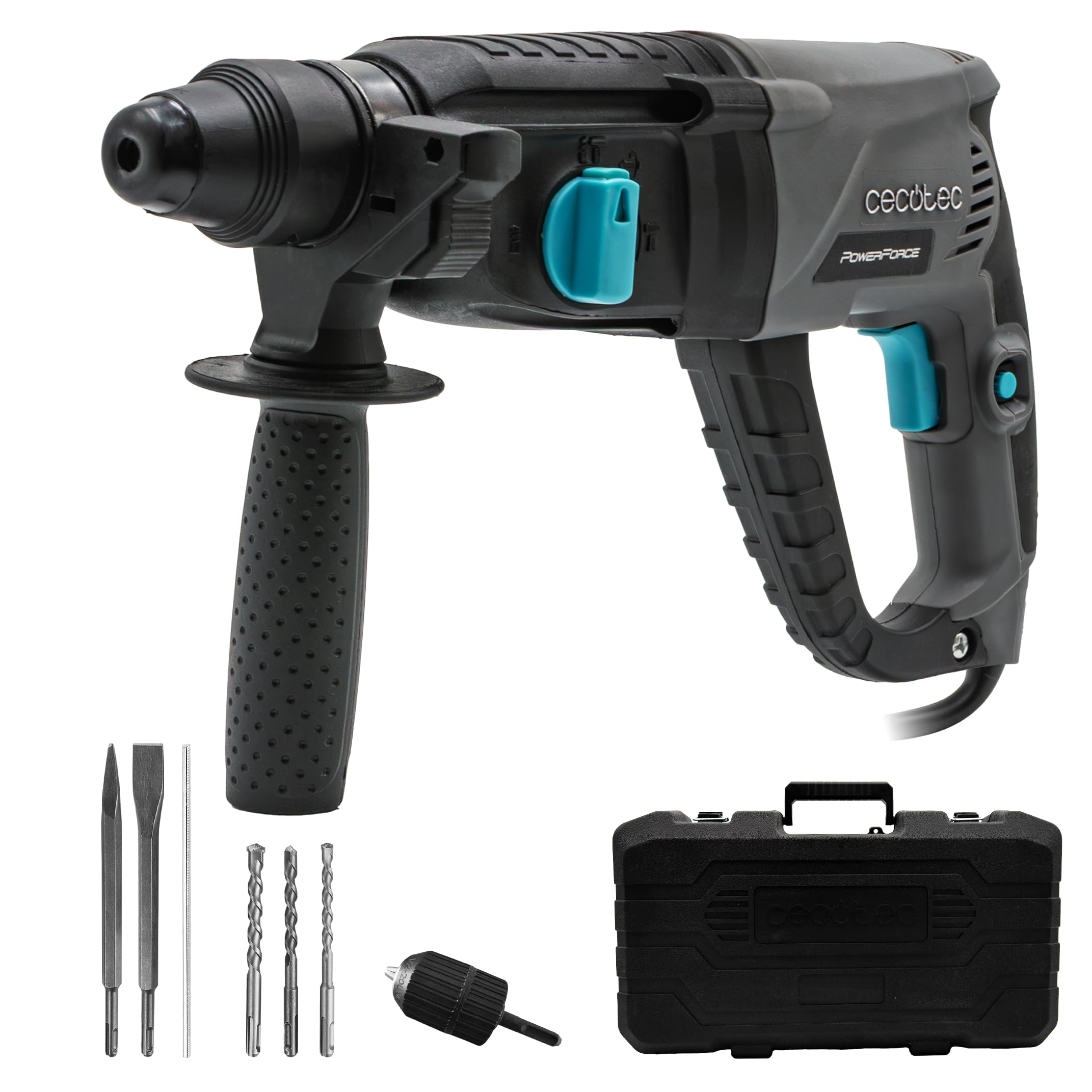 Cecotec Martillo Percutor SDS PowerForce 4000 Atomic. 800W, Energía de Impacto 3J, Función 3in1, Adaptador para Brocas Convencionales, Incluye Brocas y Cinceles, Cable de 3m, Maletín de Transporte