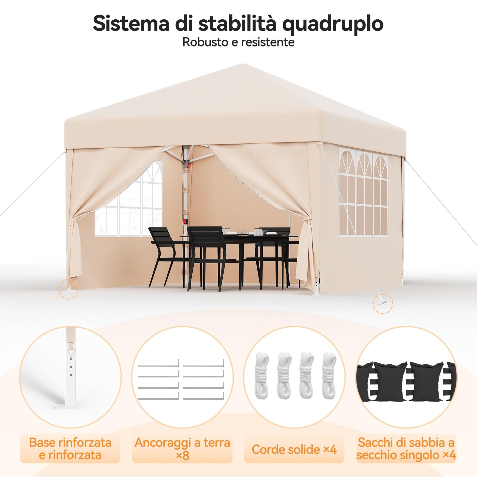 Devoko Gazebo 3x3 Pieghevole Impermeabile UPF50+ 3 Altezze Regolabili, 4 Pareti Rimuovibili, da Giardino per 8-10 Persone, Beige