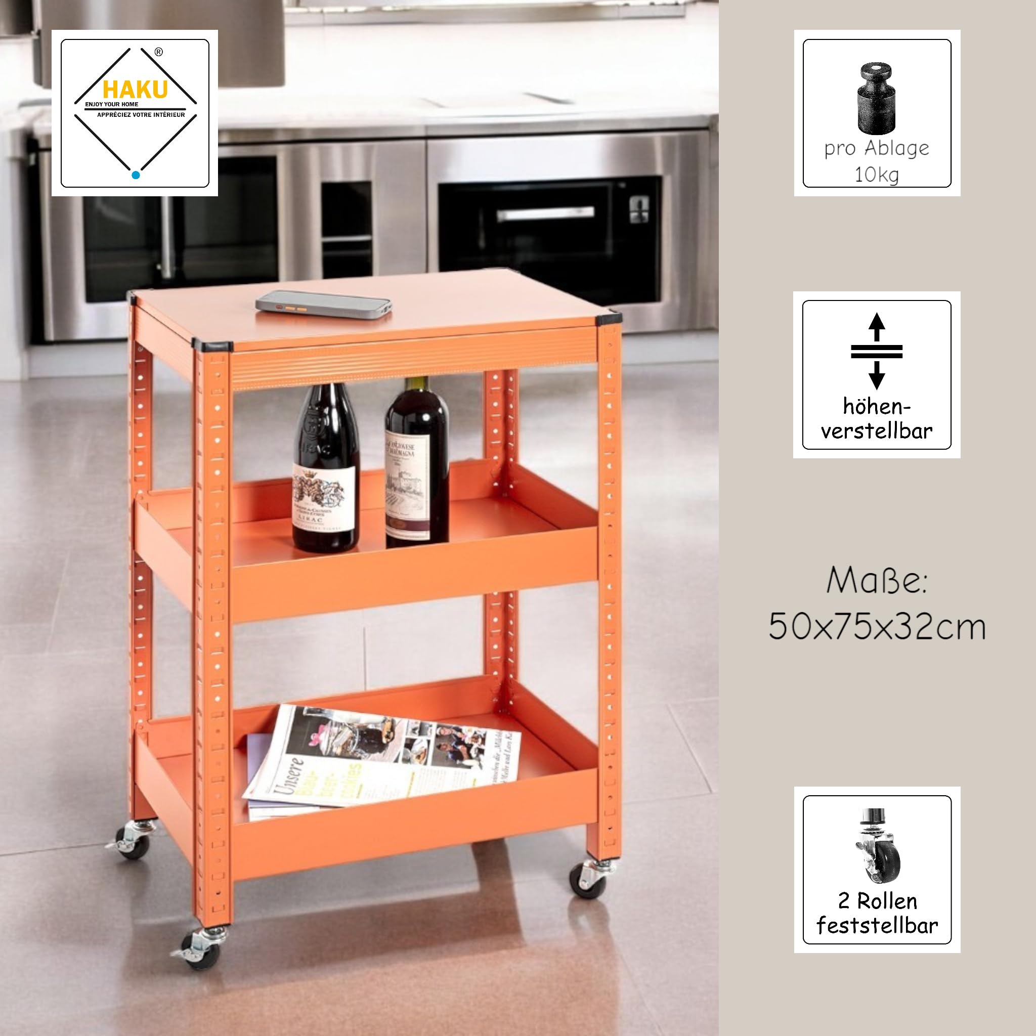HAKU Servierwagen orange Metall 50x75x32 cm Modern