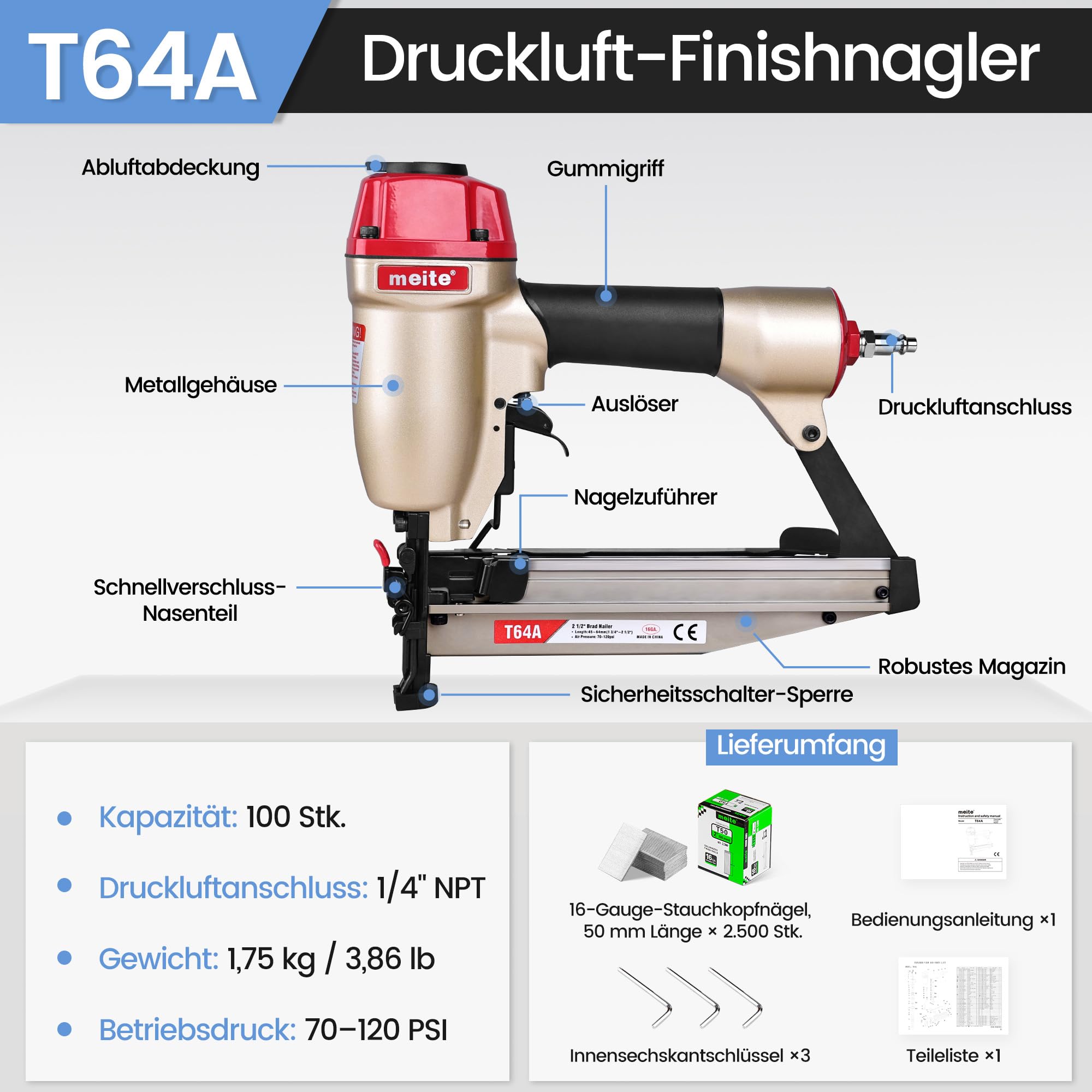 meite T64A Nagelpistole 16GA mit 2500 Stk. 50 mm Stauchkopfnägeln, für 32–64 mm Nägel, mit Tiefeneinstellung, Schnellverschluss-Nase, Sicherheitsnase, 100er Magazin