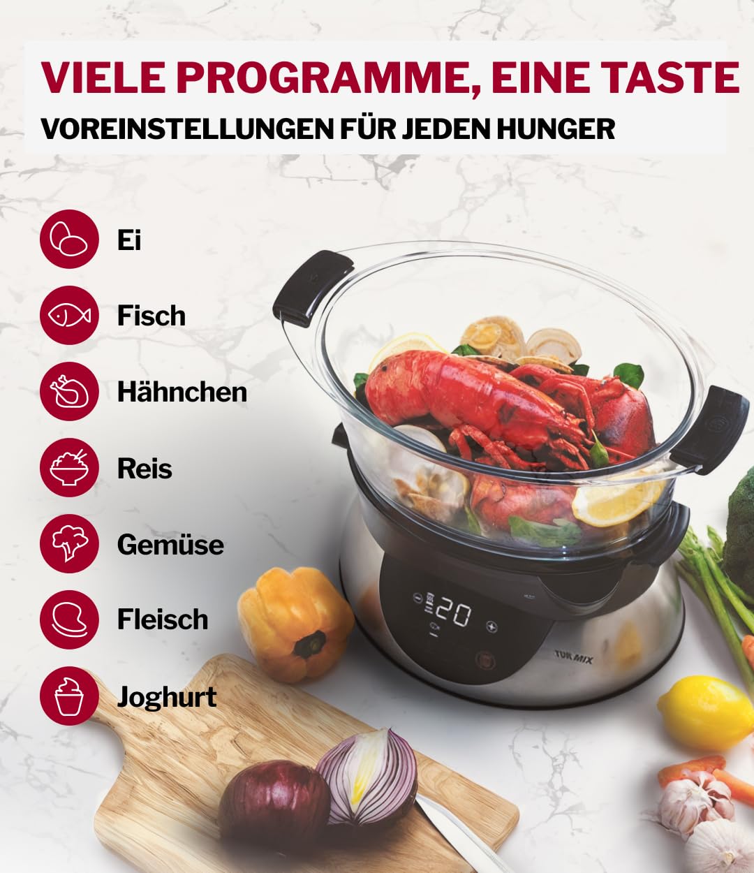 Turmix Steamer CX 220 Dampfgarer 5,2 L Glasbehälter Digitaldisplay Touch-Bedienung 900 W