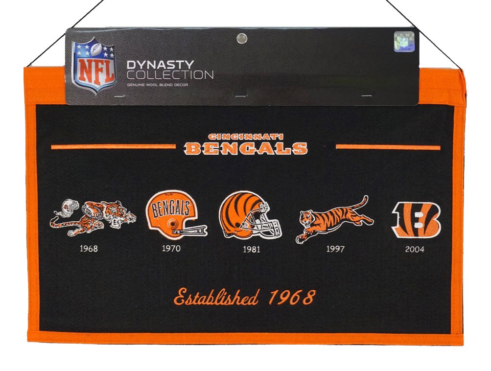 Cincinnati Football Bengals - Established 1968 - Classic Logos through the years - Wool Heritage 22 x 14 Dynasty Banner