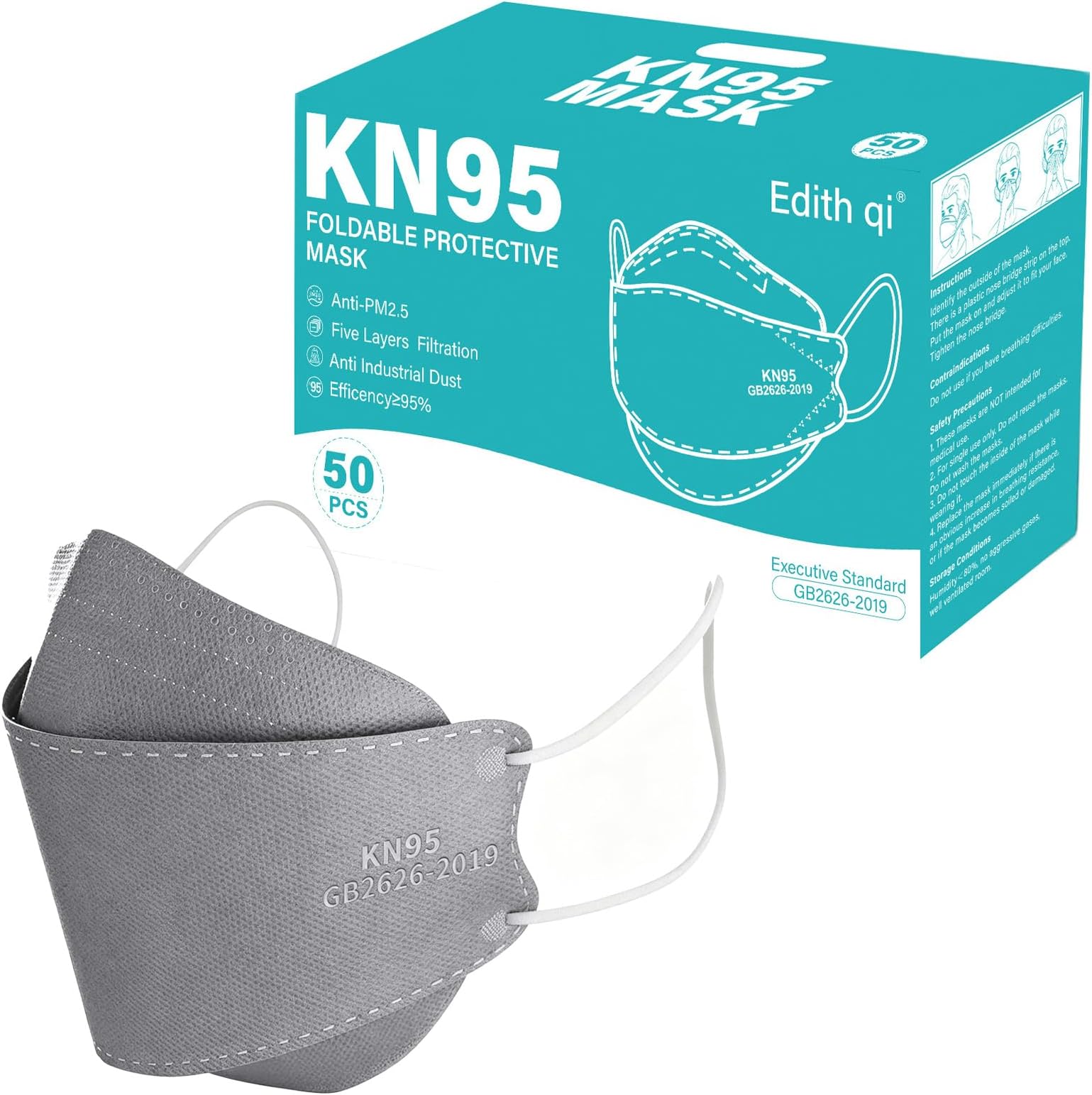 Edith qi KN95 Face Masks 50 PCS,Individually Wrapped, 5 Ply Grey Disposable KN95 Masks for Adults Filter Efficiency 95%, Protection against PM 2.5 Smoke Particles