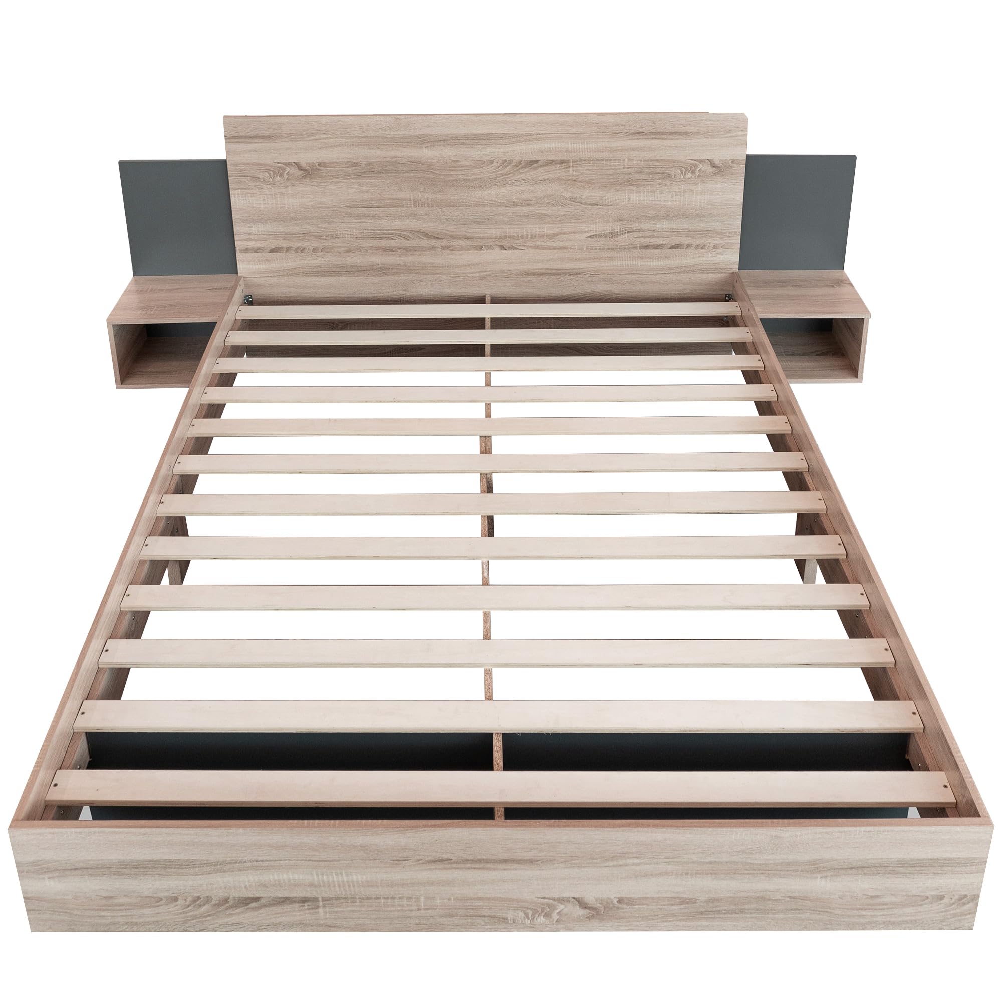 Doppelbett Holzbett Bettanlage 160 x 200 cm mit 2 Nachtkommoden Modernes Bett inkl. 2 Nachttischen Schlafzimmer Komplett-205.5x235x76.5 cm(T/B/H) Set in Eiche Sonoma/Dunkelgrau
