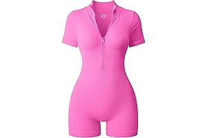 Women's Pink Ribbed Short Sleeve Rompers with Zip Front, Tummy Control Yoga Workout Rompers