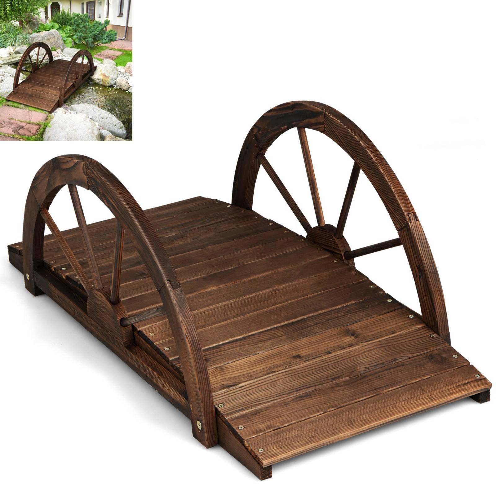 COSTWAY 1m/1.5m Wooden Garden Bridge, Decorative Pond Bridges with Safety Railings, Arc Stained Finished Outdoor Lawn Stream Walkway for Yard Patio (102x49x37cm, Brown, Wheel-Shaped Railings)