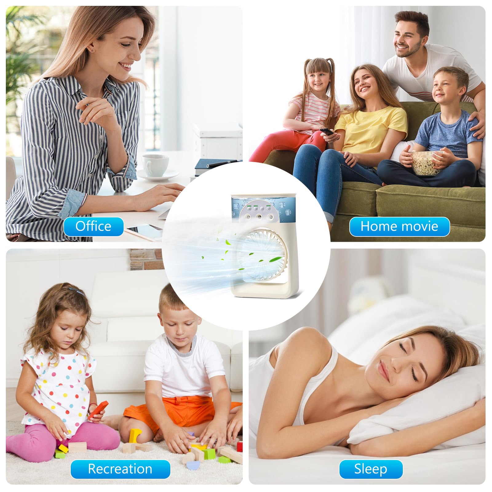 Mini Aire Acondicionado Portatil,3 en1 Mini Enfriador de Aire de 250ml, Mini Refrigerador de Aire Móvil Ventilador USB,3 Velocidades,7 LED Climatizador Portatil para Dormitorios,Oficinas