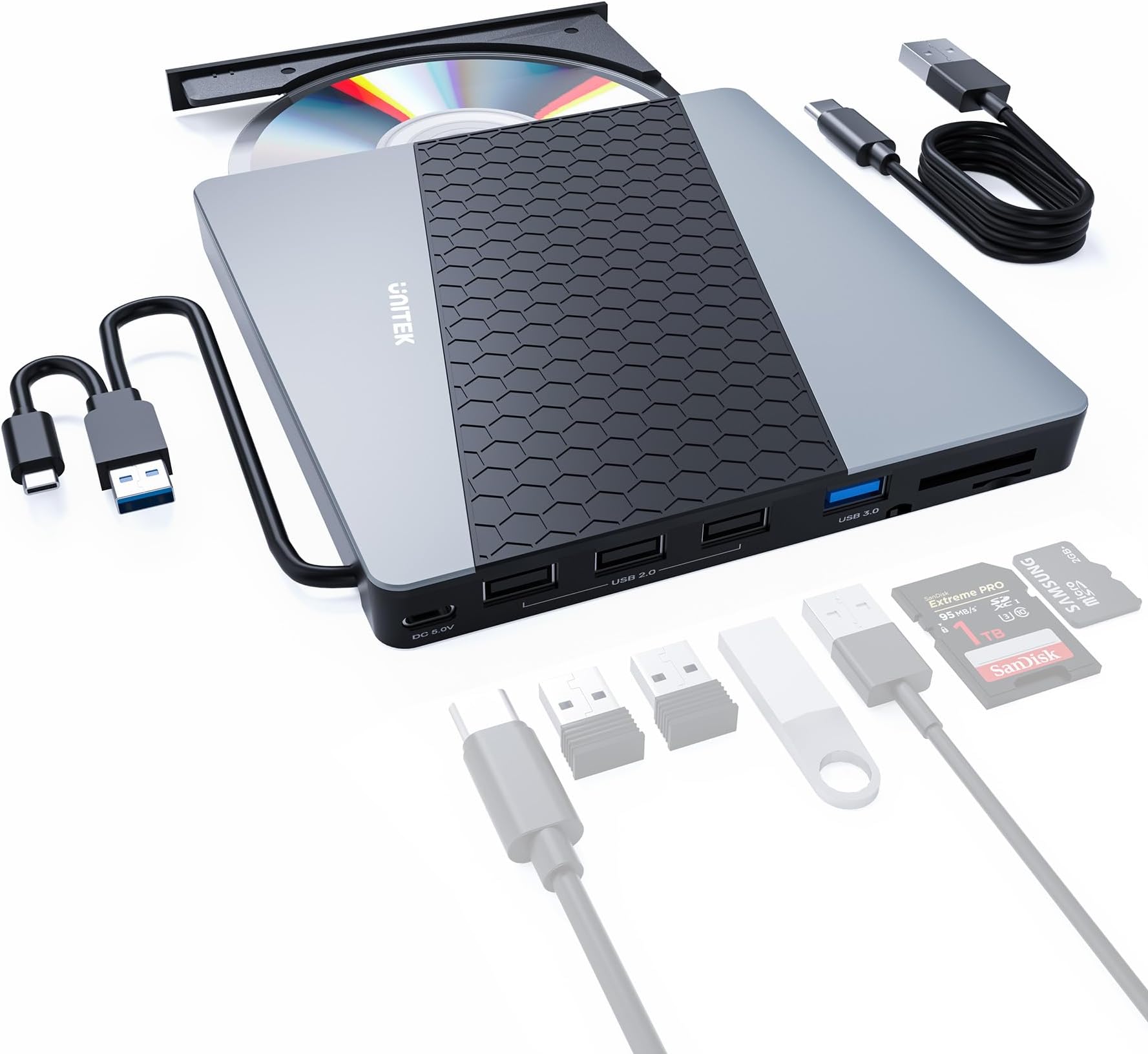 Unitek External CD DVD Drive USB C 6-in-1 Portable DVD Player with Card Reader 3 USB Ports CD Burner External Disk Drive Optical Compatible with Laptop Desktop Mac Windows 11/10/8/7 Linux OS