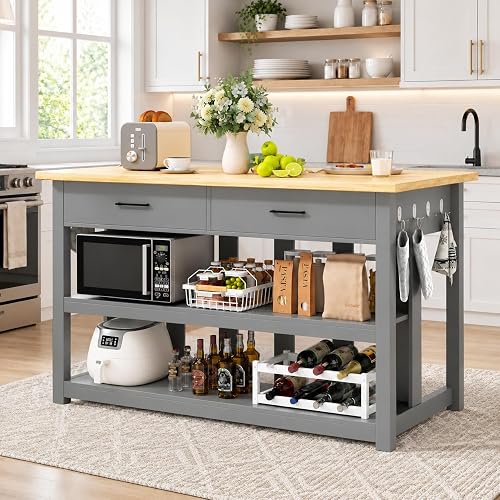 DynJest 47.3' Kitchen Island with Power Outlet - Solid Rubberwood Top, Grey | Kitchen Island with Seating Area &Extra La