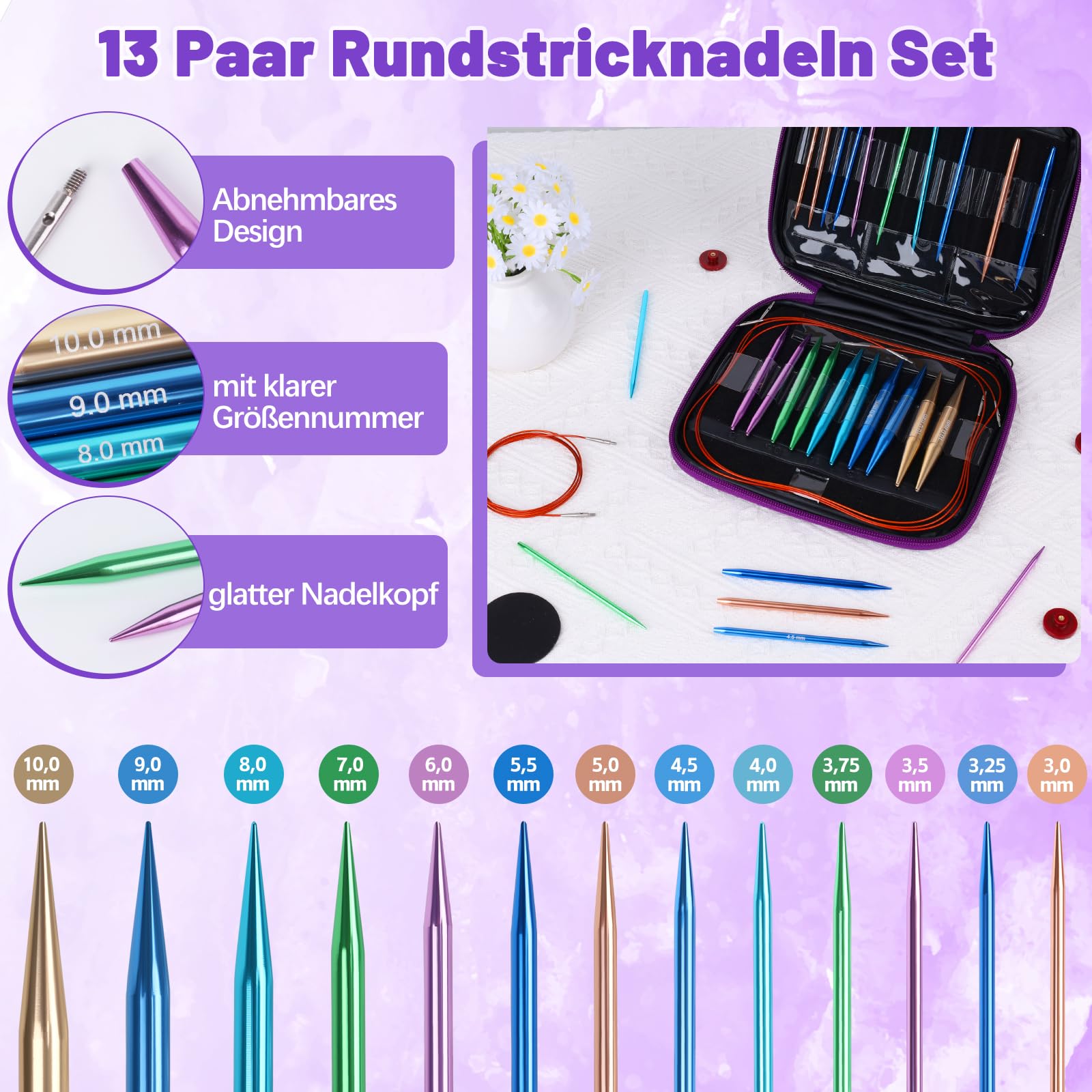 Coopay Juego de Agujas Circulares Intercambiables para Tejer Punto y Lana, 3,0-10 mm, Regalos para Tejedoras, Agujas con Bolsa de Almacenamiento, 13 Pares Aguja Circulare Intercambiables - Púrpura