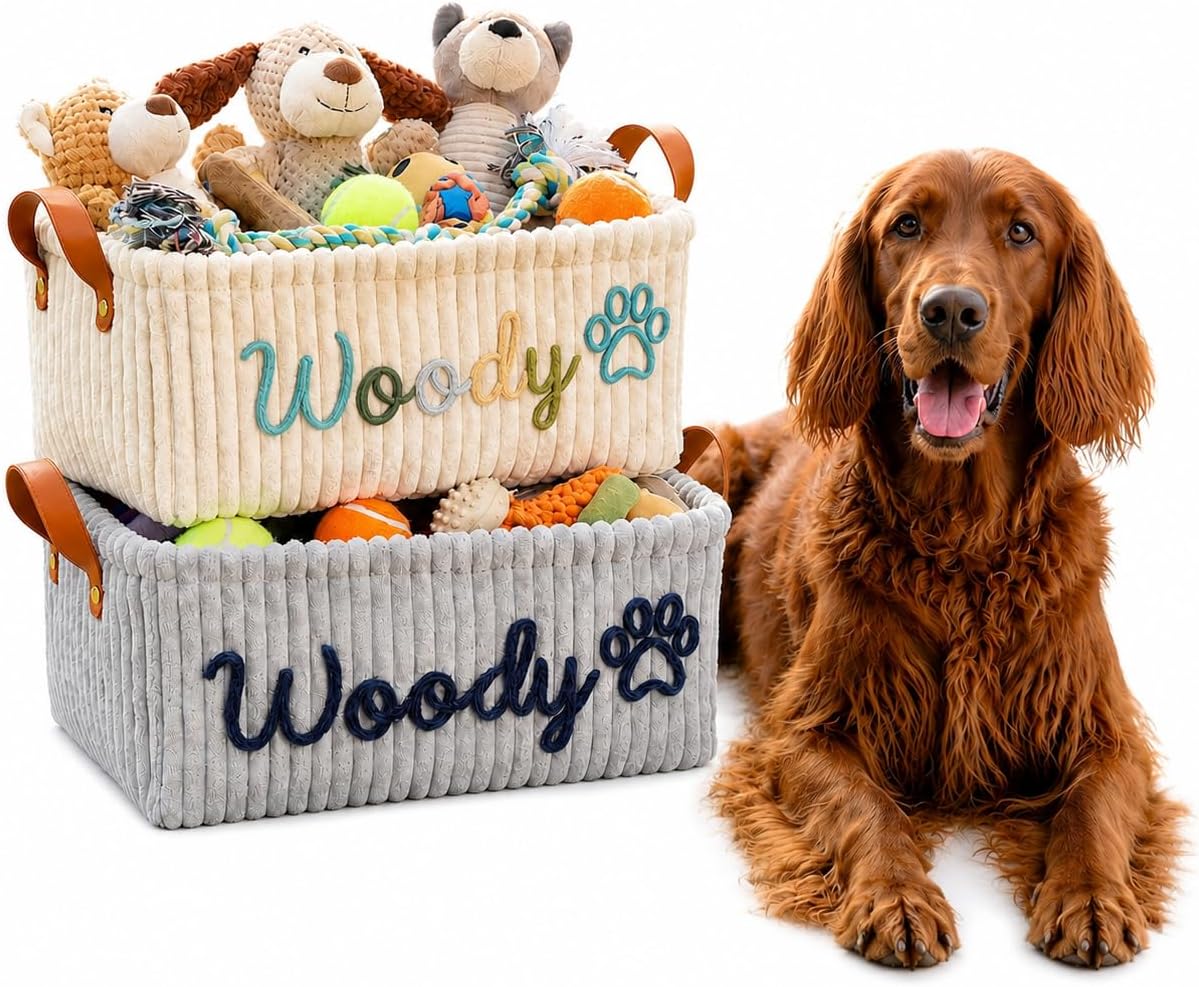 KALOTOYS Personalized Dog Toy Basket with Pet Name, Custom Corduroy Pet Storage Bin with Knitted Name and Icon, Dog Cat Toy Organizer for Toys Treats Accessories