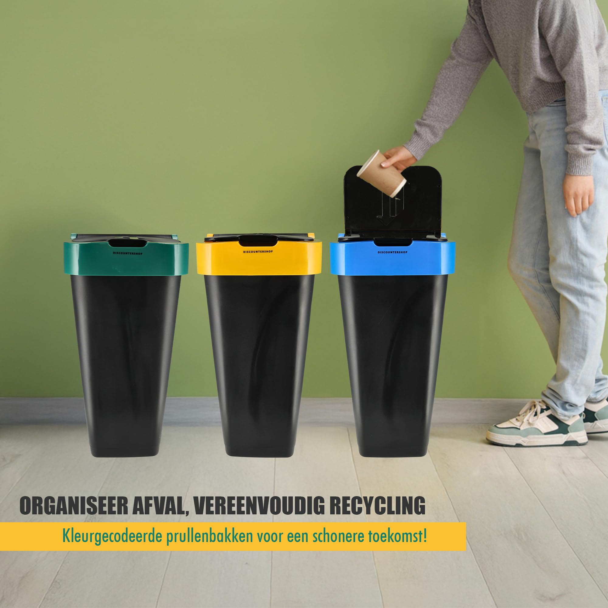 Abfall Sortierbehälter Set von 3-60L Recyclingbehälter mit Schaukeldeckel - Farbcodiertes Trennsystem - Kunststoff Abfalltrennbehälter für Küche und Bad