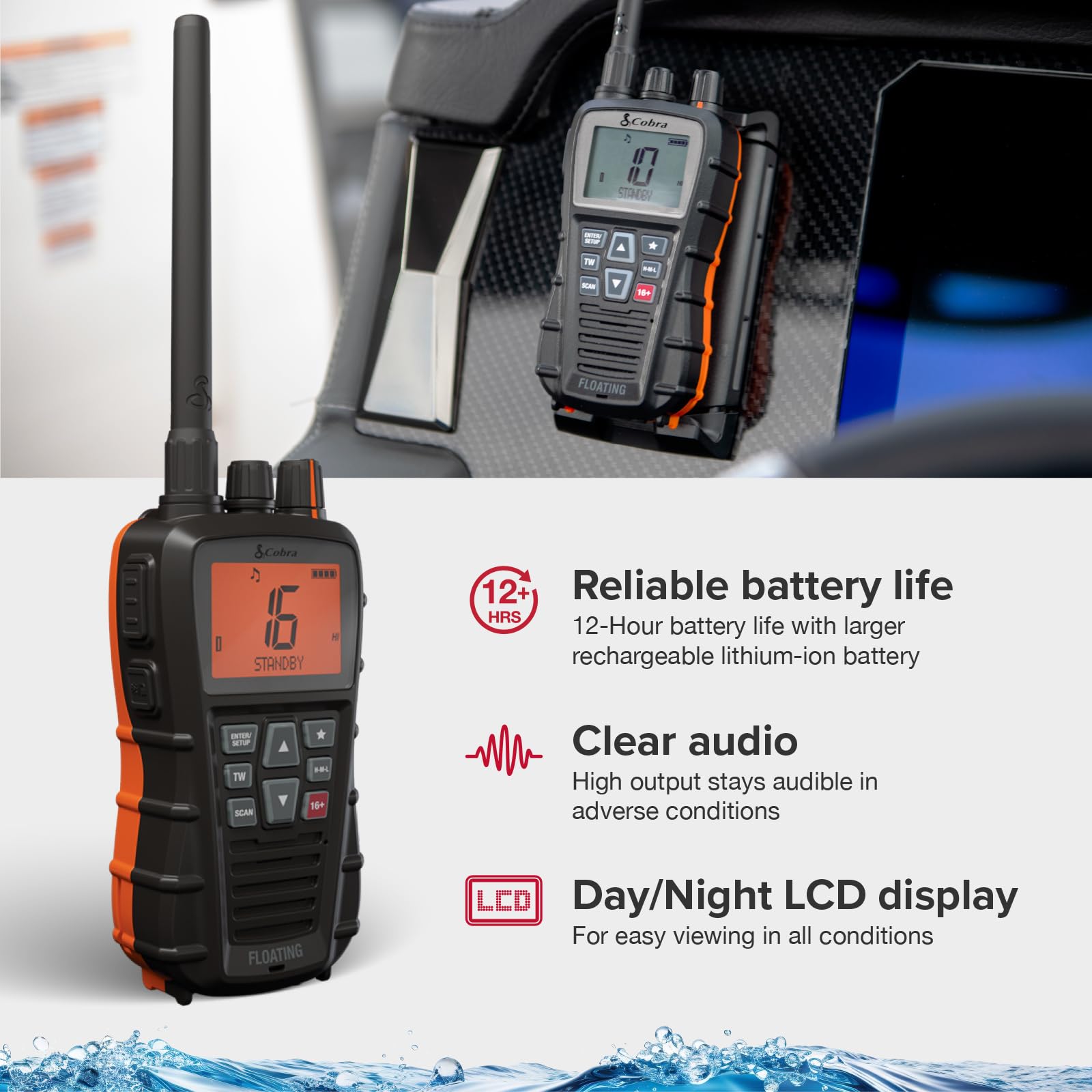 Cobra BlueBound 350 - Radio VHF marina portatile galleggiante da 6 Watt, galleggiante n' Flash, impermeabile IPX7, sommergibile, display LCD giorno/notte, scansione di memoria, Tri-Watch, nero