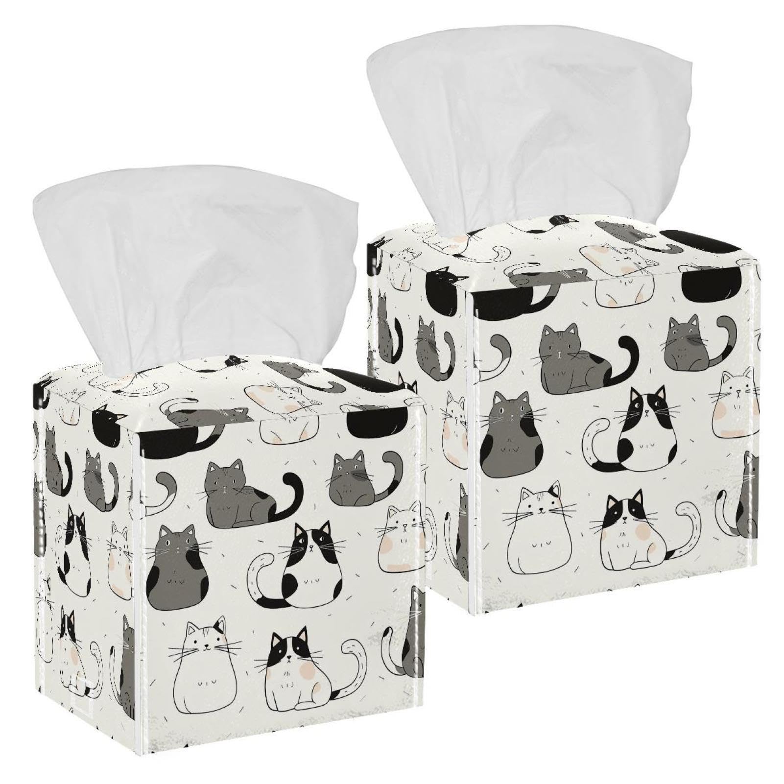 Lovely Cat Tissue Box Cover, 2 Pack PU Leather Square Facial Tissue Dispenser Box holder for Home Office Car