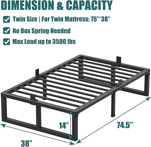 Miniatura 60 de Marco de cama de tamaño matrimonial, soporte resistente de 14 pulgadas, plataforma de metal de 3500 libras, no necesita somier, sin ruido,
