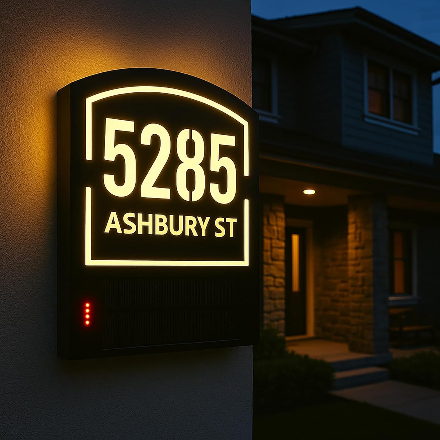 Solar LED Address Sign Custom Illuminated House Numbers Plaque - Waterproof Modern Outdoor Wall Mounted Plaque for Home Garden Entrance (B-Address Sign)