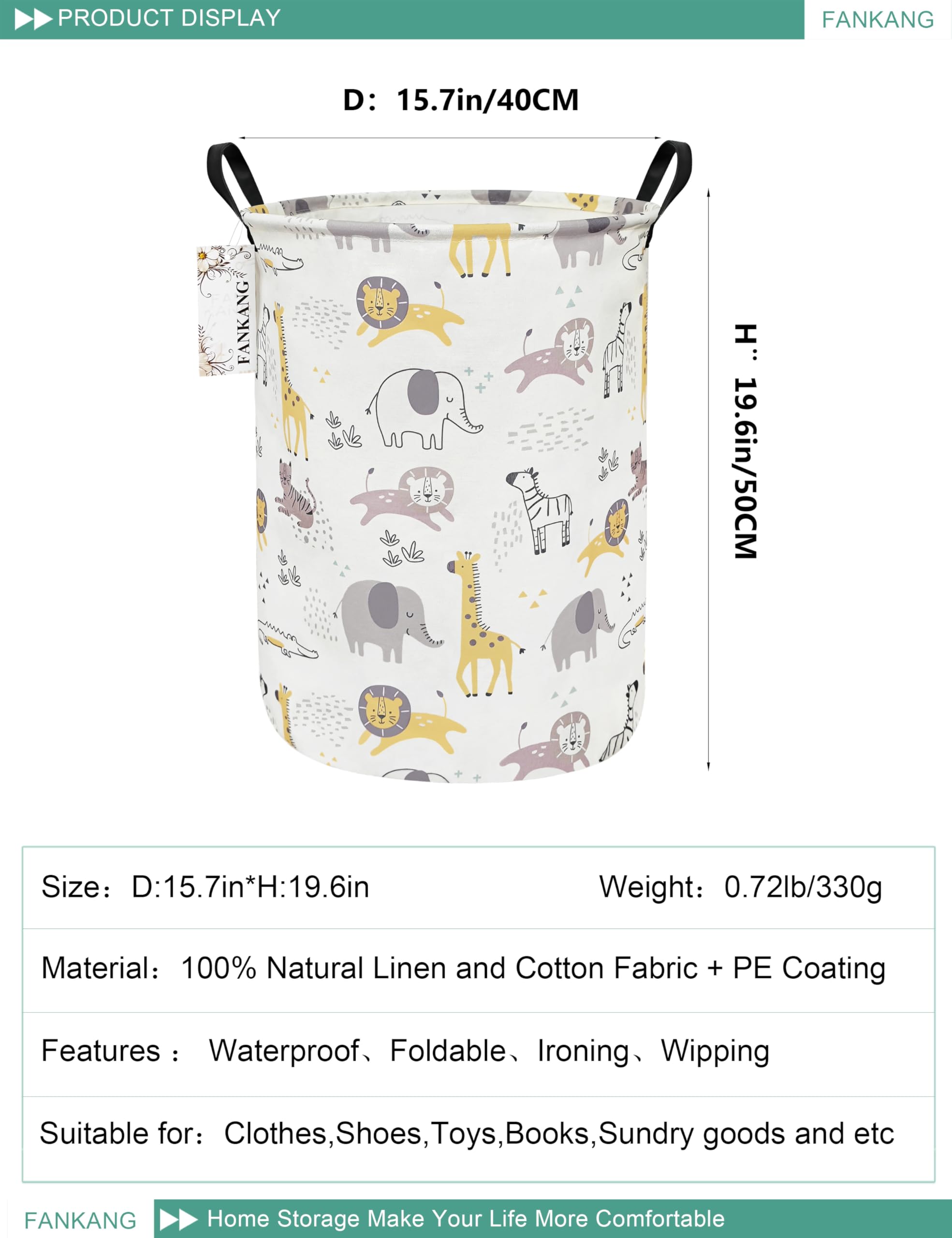 FANKANG Storage Basket, Nursery Hamper Canvas Laundry Basket Foldable with Waterproof PE Coating Large Storage Baskets for Kids Boys and Girls, Office, Bedroom, Clothes,Toys(Lovely Animals )