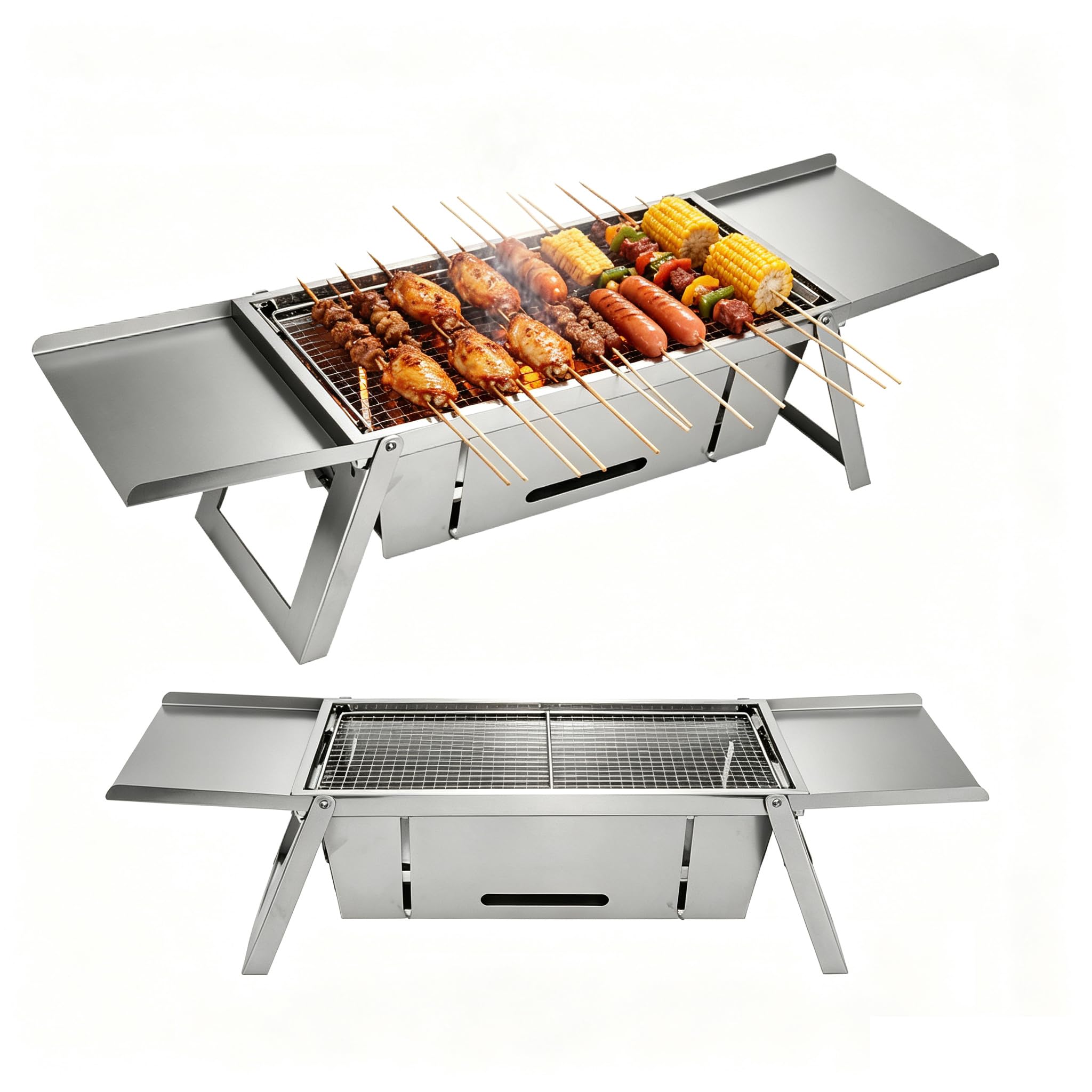 Barbecue a carbone pieghevole con doppie scaffalature laterali e set dii | Barbecue da Tavolo in Acciaio Inossidabile Cucina Portatile Pieghevole per Giardino, Campeggio, Picnic Adatto a 3-6 Persone