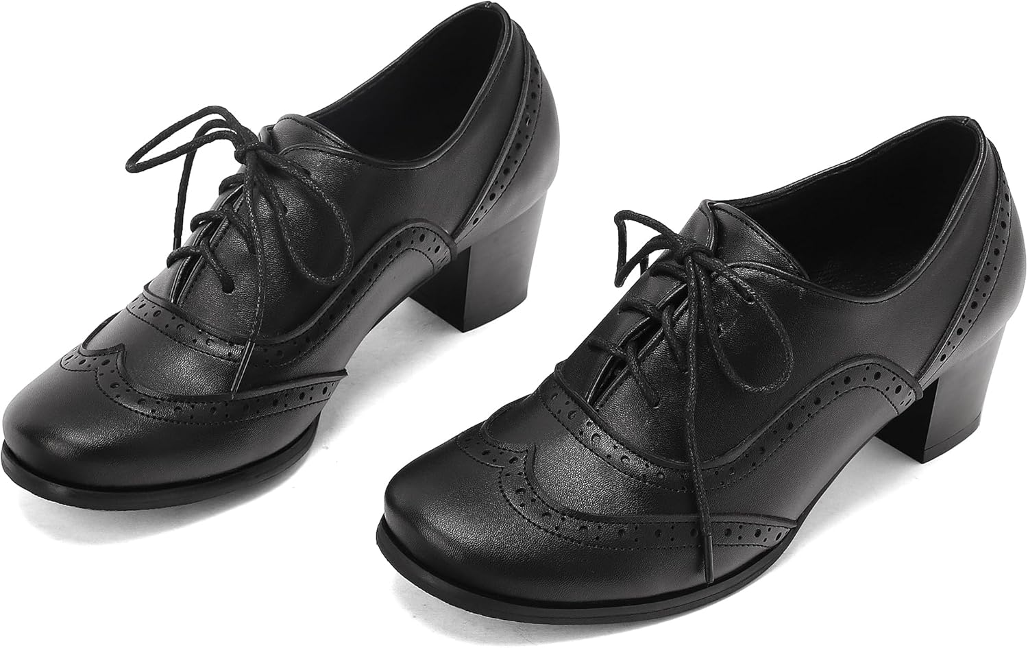 Women's Oxford Block Heel Shoes Wingtip Lace-Up Dress Pumps Classic Brogue