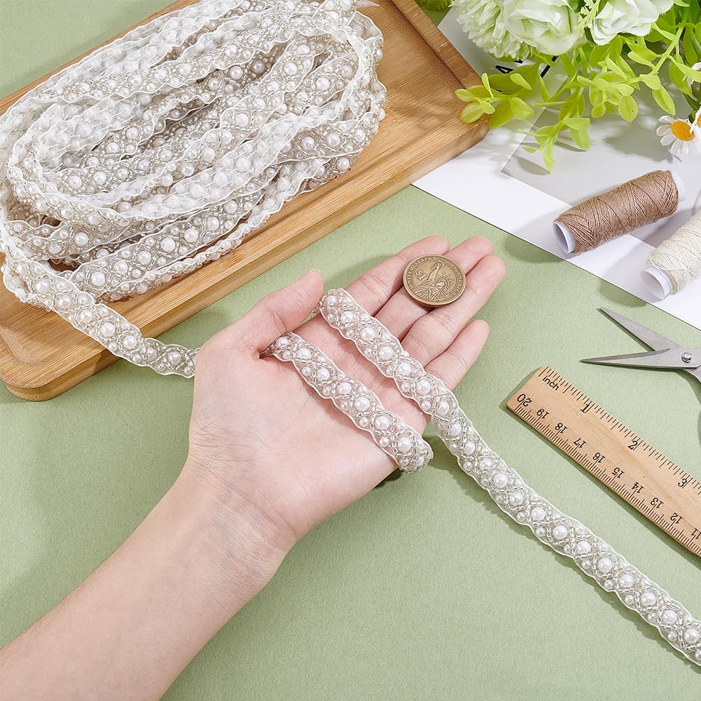 5 Yards Pearl Beaded Trim Pearl Ribbon Bead Lace Border White Edge Ribbon Strips White Sheer Ribbons with Pearls Durable Polyester Sewing Trim for Sewing Bridal Party Clothes Decoration