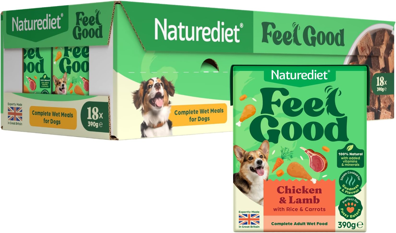 Naturediet - Feel Good Wet Dog Food, Natural and Nutritionally Balanced, Chicken & Lamb, 390g (Pack of 18)