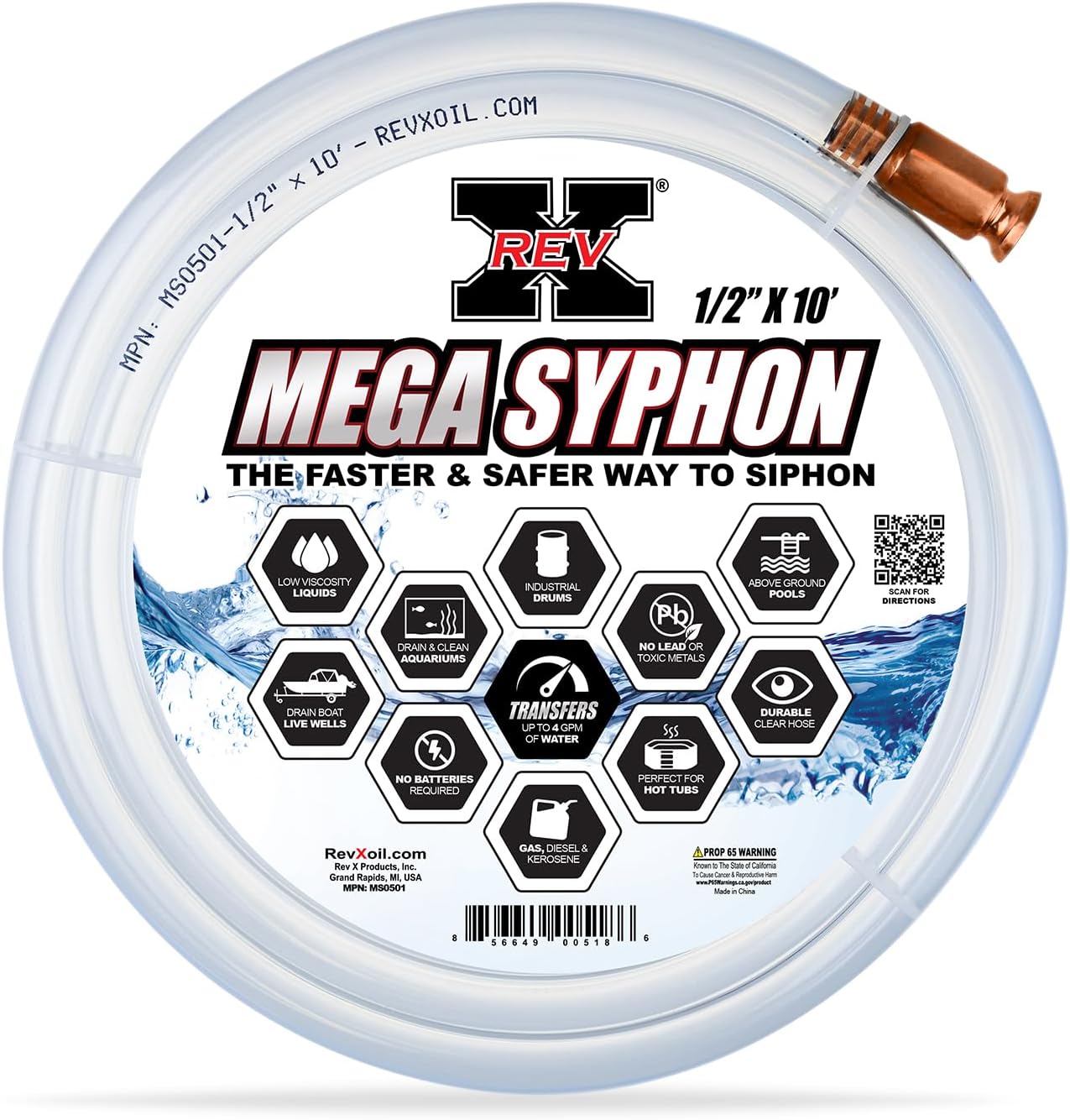 REV-X Mega Syphon - 1/2" x 10 Foot Long Self Priming Safe Siphon Hose for Water, Gas, Fuel, Diesel