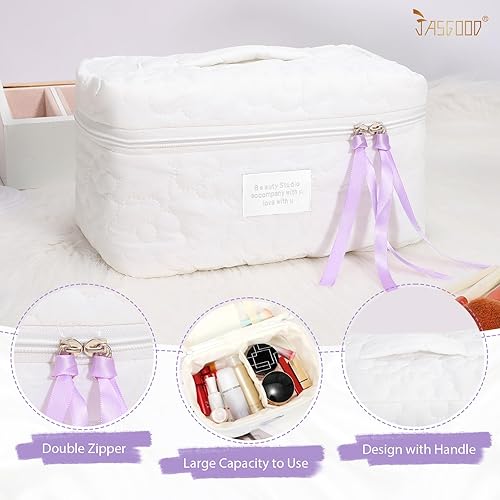 Miniatura 3 de JASGOOD Bolsa de maquillaje para mujer, bolsa de cosméticos de viaje de gran capacidad, bolsa organizadora de maquillaje con asa de cremallera,